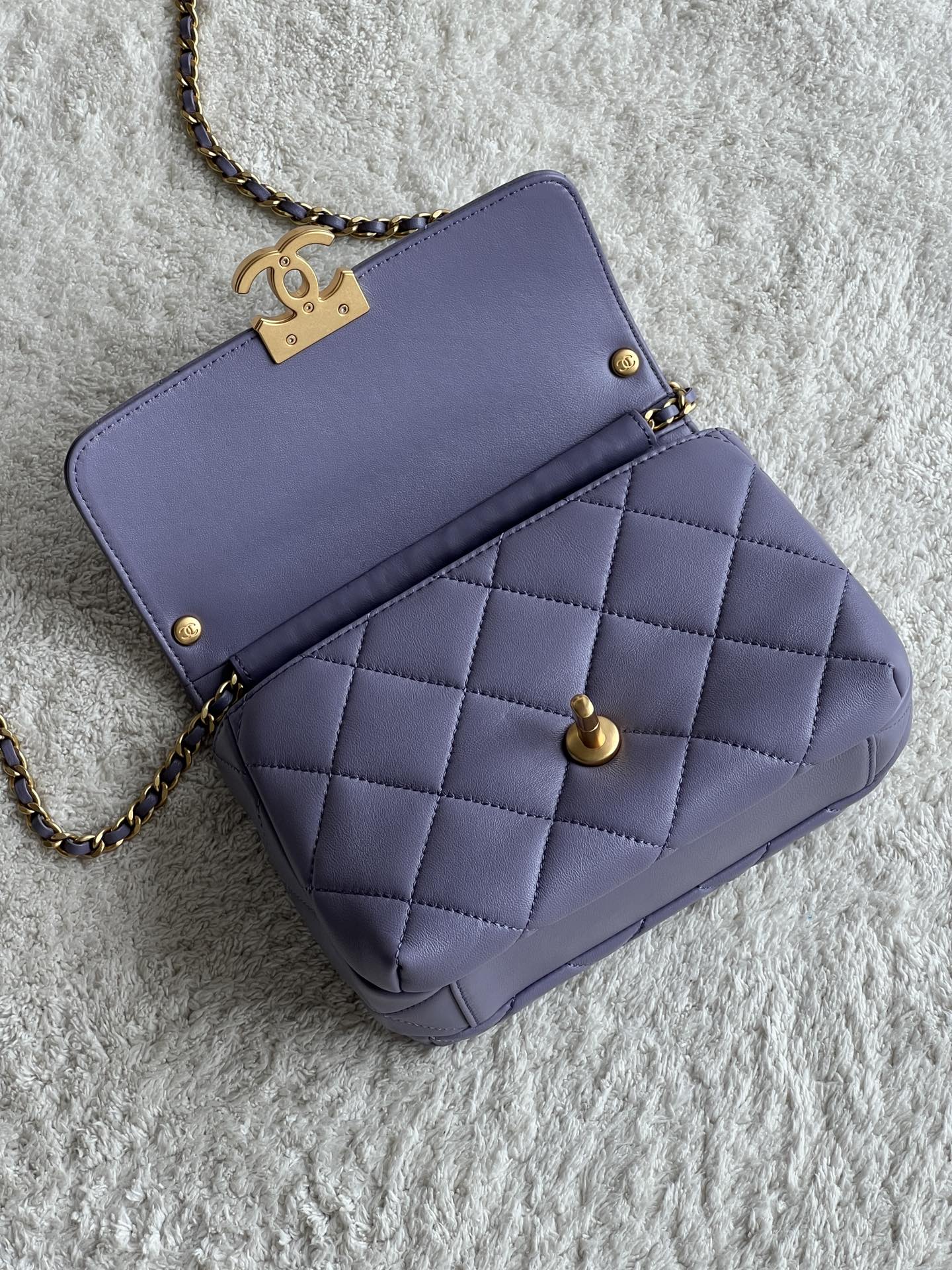 24A Mini Classic Flap Bag in Tato Purple Quilted Lambskin with Pearl & Crystal CHANEL Letter Chain and Light Gold-Tone Hardware (AS4997) - Mocuir