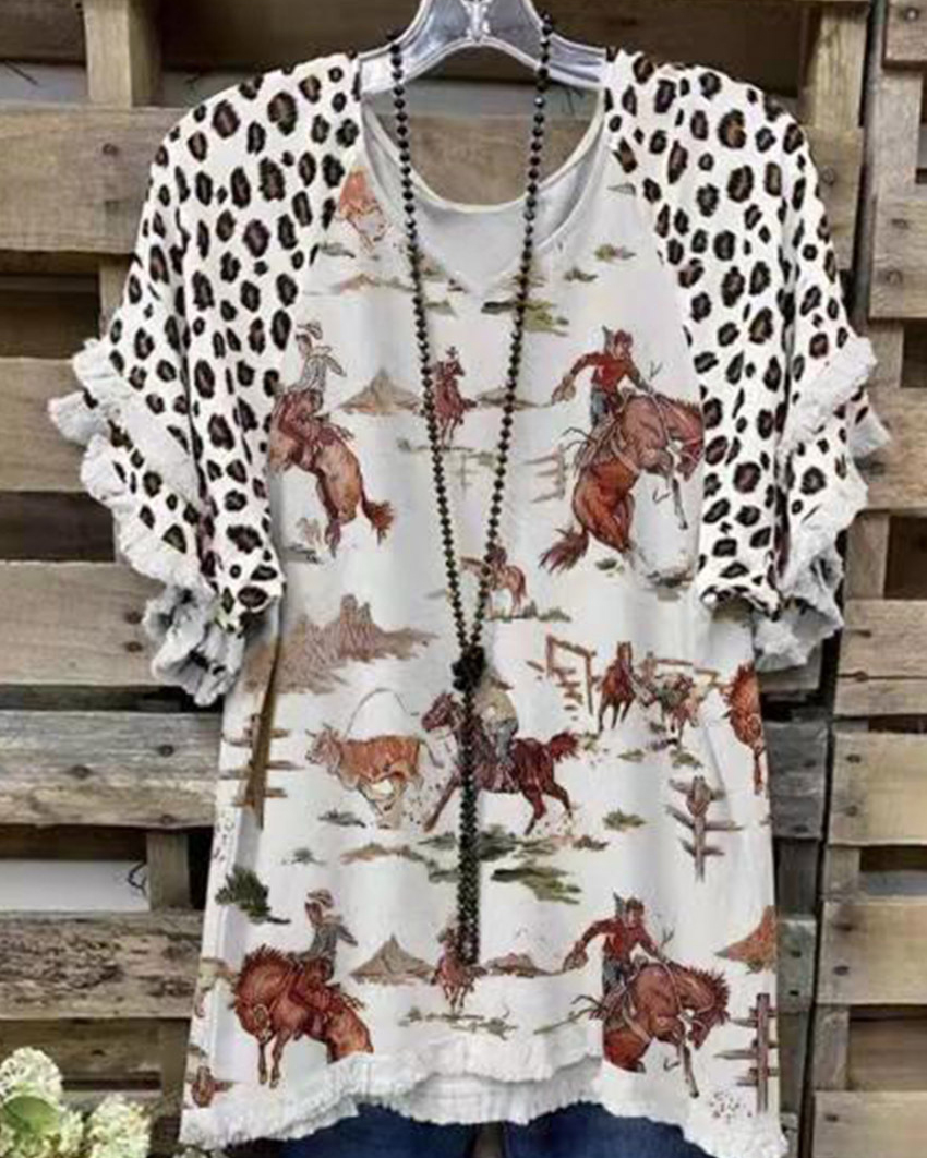 Women's Summer Knitted Temperament V-neck Short-sleeved Printed Loose T-shirt