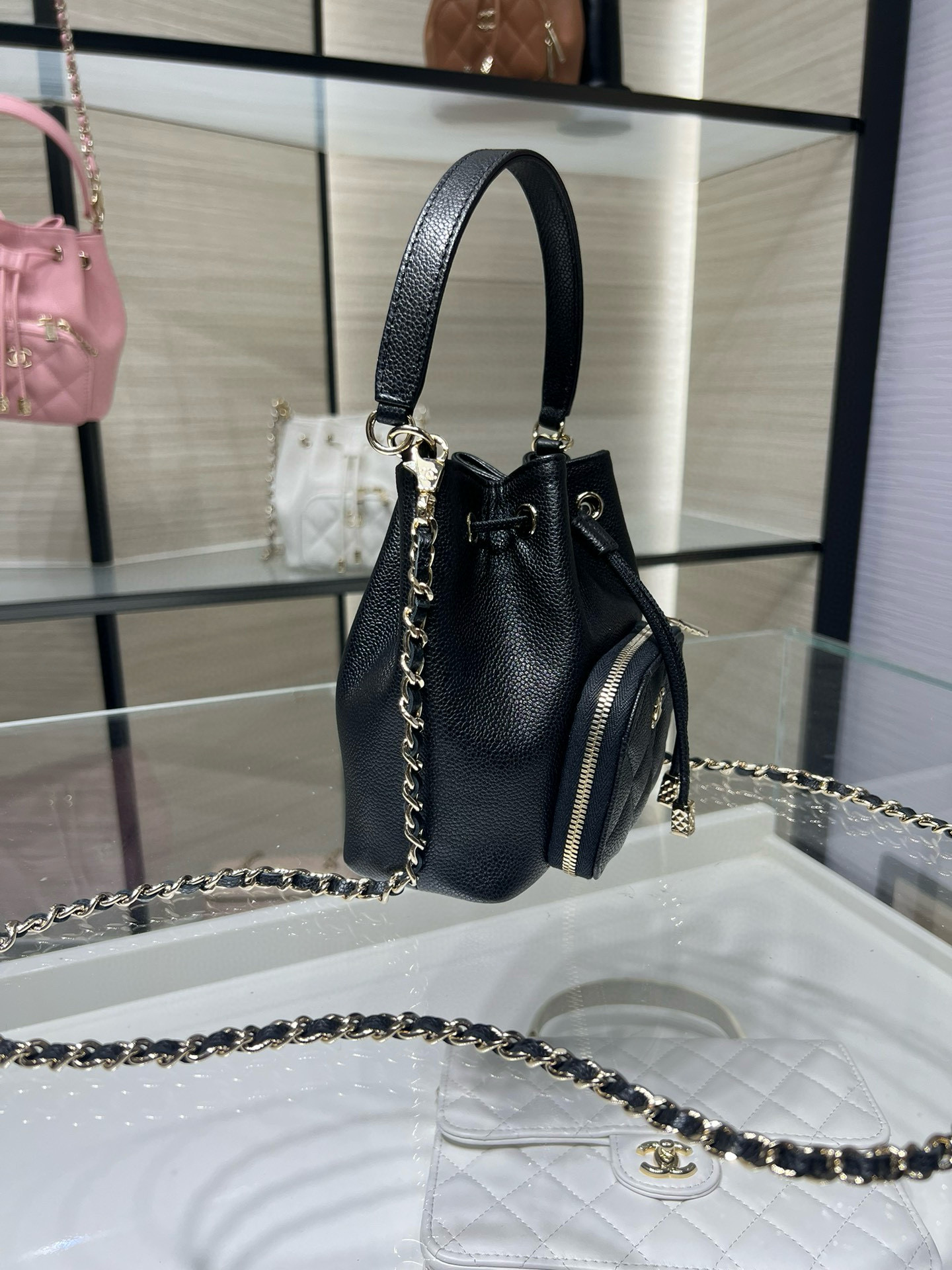 Small Drawstring Bucket Bag in Black Quilted Grained Calfskin with Gold-Tone Metal (Model AP4775) - Mocuir