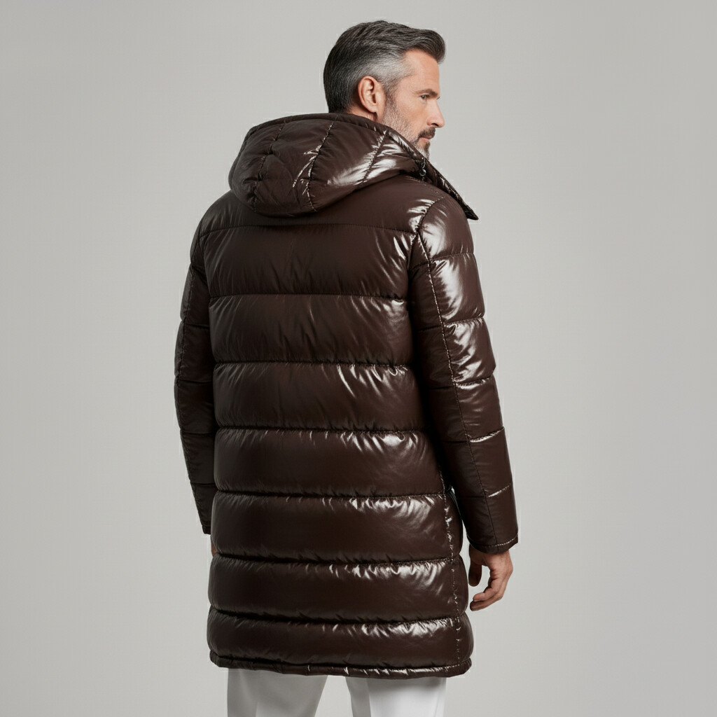 Men's Coffee Long Sleeve Zipper Hooded PU Patent Leather Quilted Puffer Coat