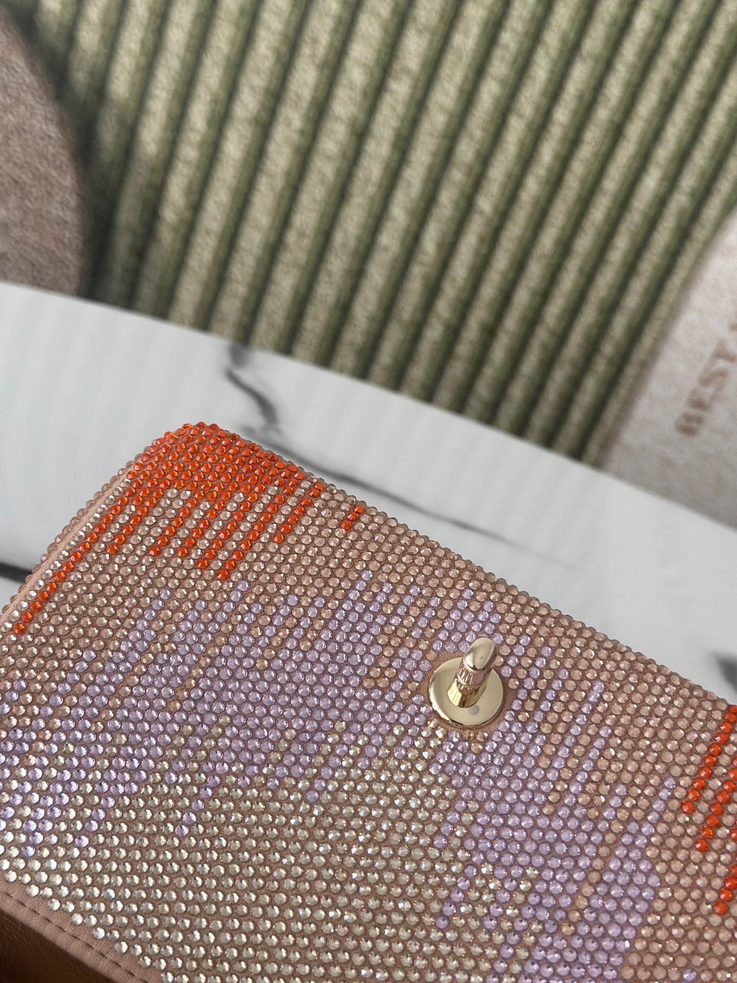 Classic Flap Mini Bag in Nude Plaid Strass Crystal Embellished Suede (Gold Hardware) - Mocuir