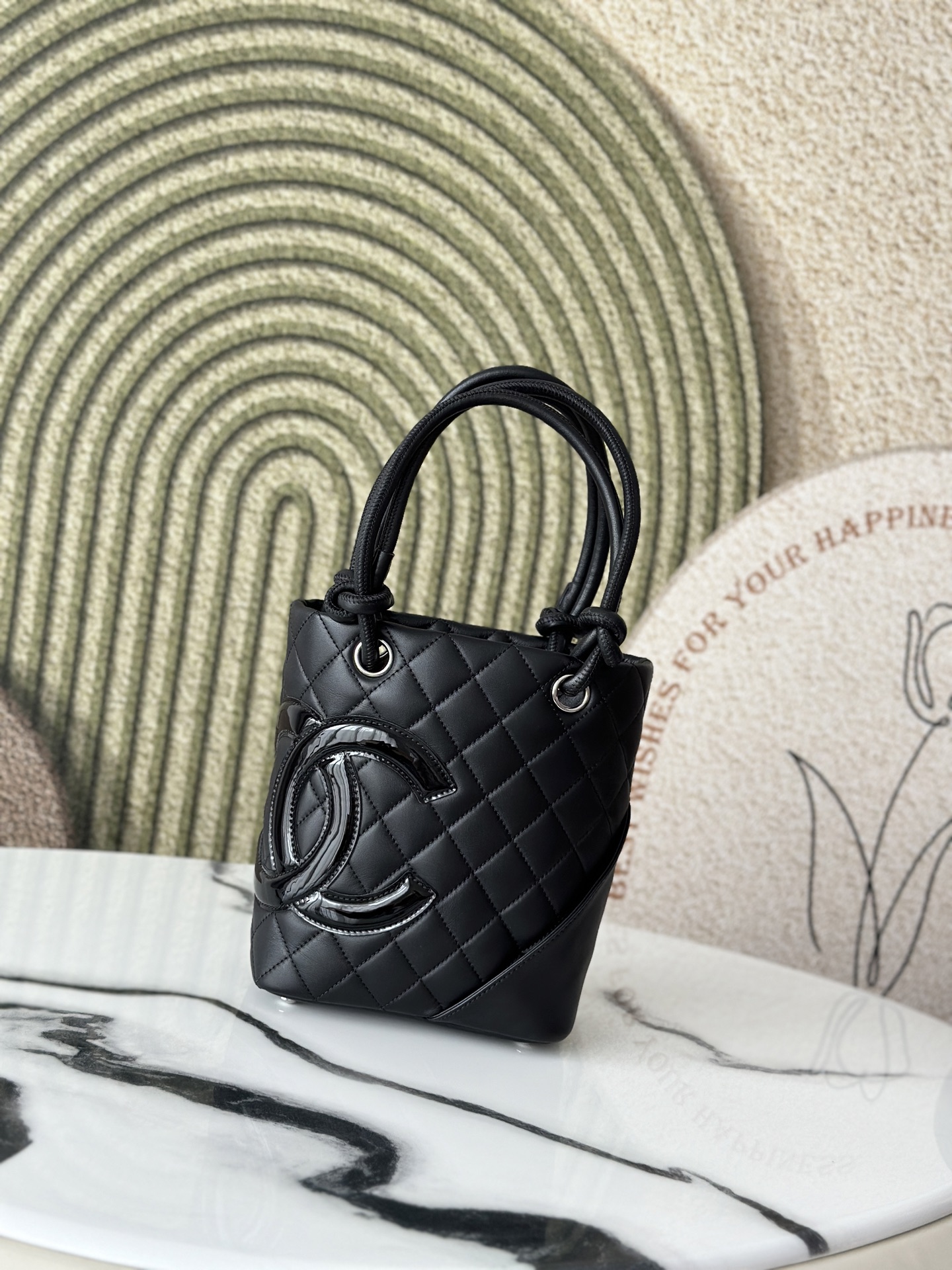 Black Quilted Cambon Mini Tote Bag with Patent CC Logo - Mocuir