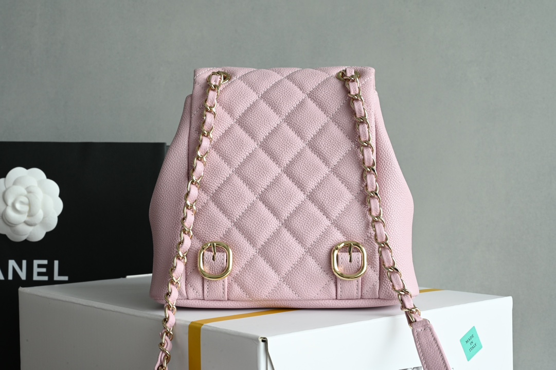 Duma Backpack in Light Pink Quilted Shiny Caviar Leather with Light Gold-Tone Metal (Model AS3857) - Mocuir