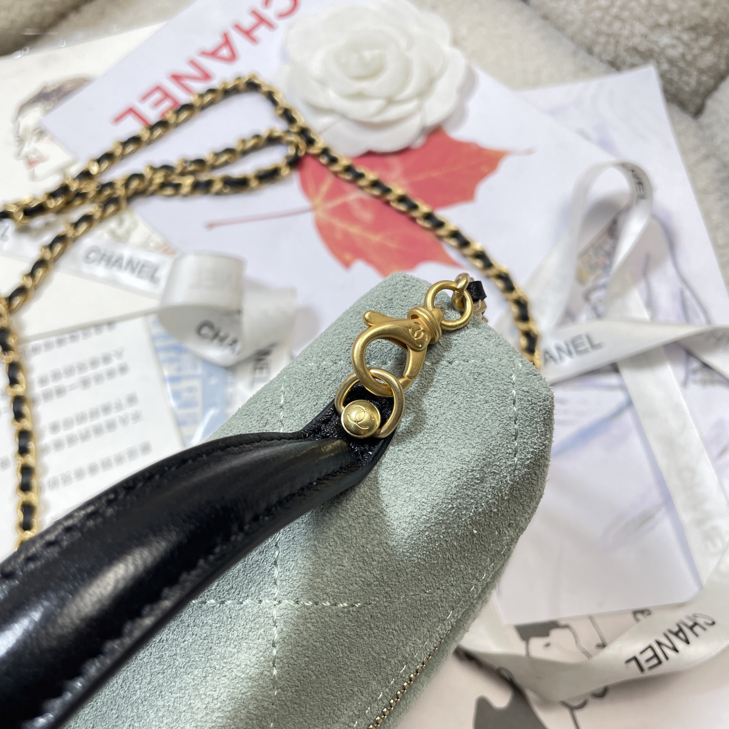 26S Slim Vanity Case with Chain in Mint Green Suede & Black Lambskin with Gold-Tone Hardware - Mocuir