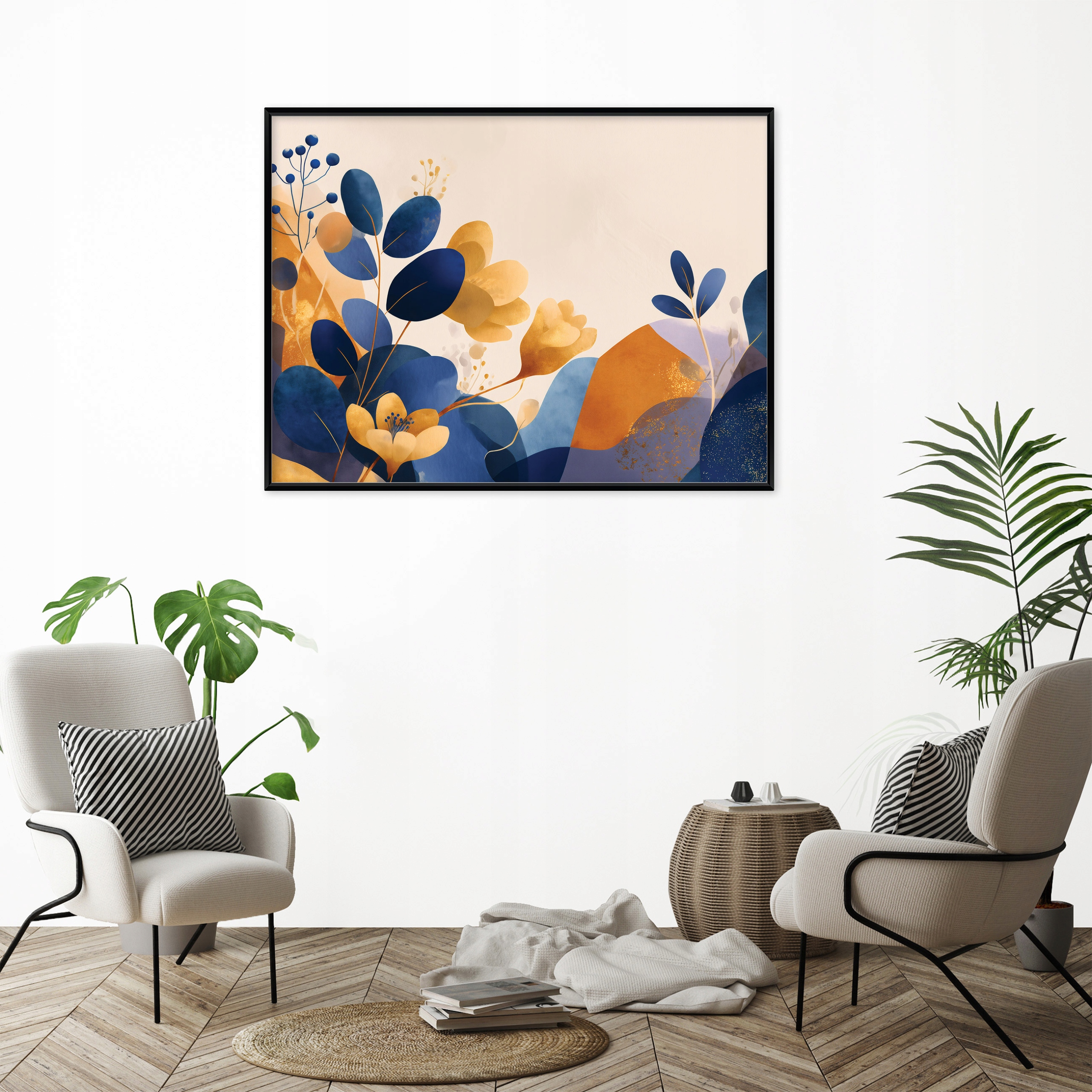 Black-framed canvas painting, abstract leaves, glamour bedroom, 40x30