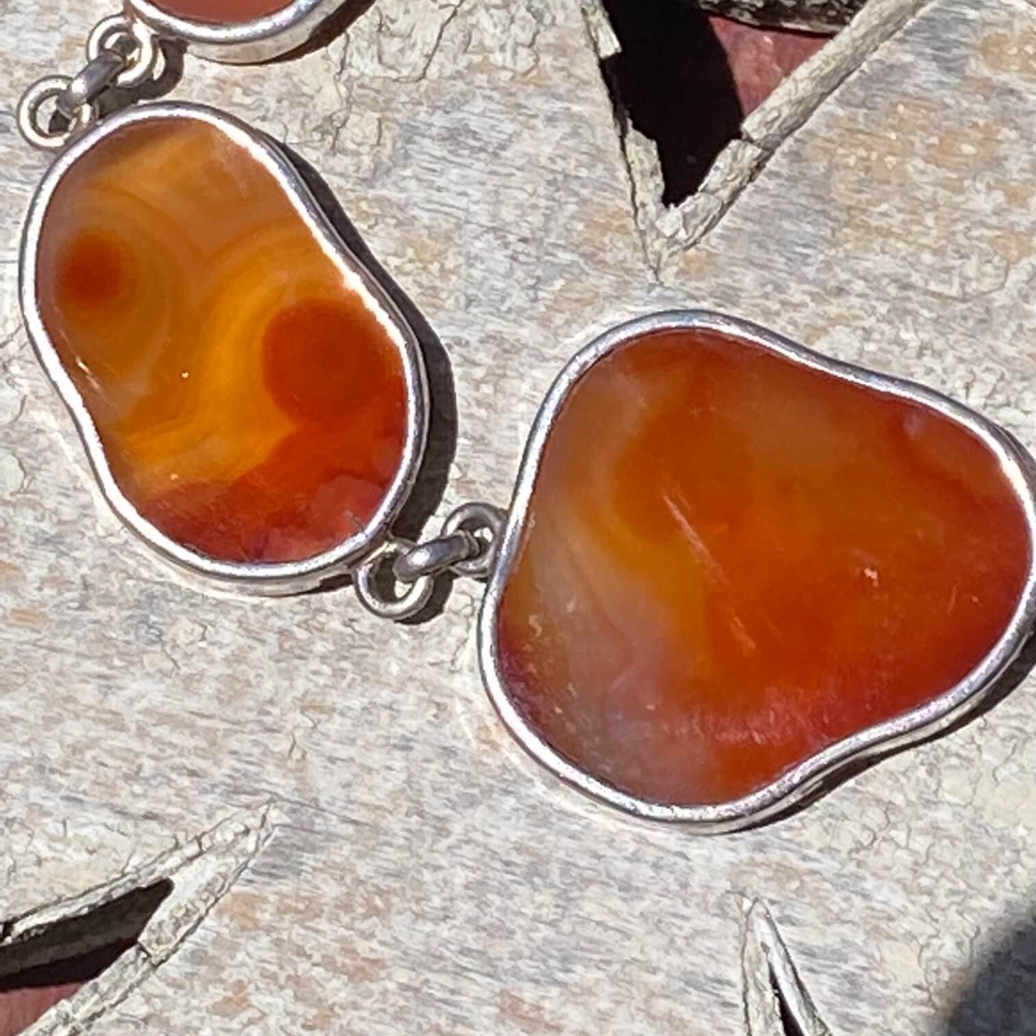 Red Banded Agate Slice Panel Bracelet Sterling Silver