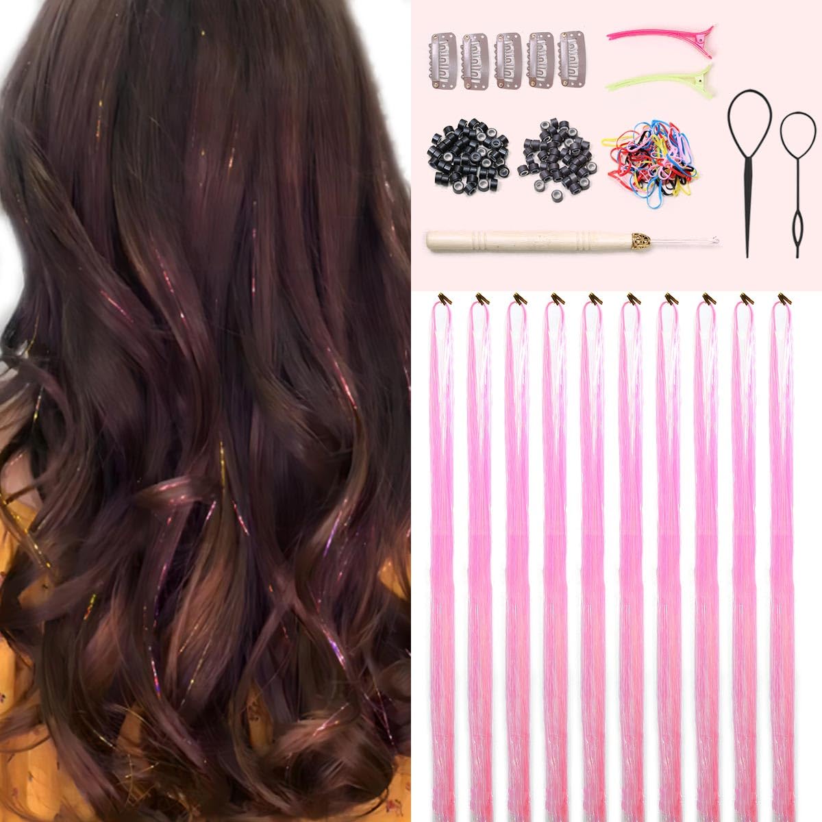 Pink Hair Tinsel Kit, 10 Packs Fairy Tinsel Hair Extensions for Teen Girls Heat Resistant Glitter Hair Accessories for Christmas New Year Halloween Cosplay Party(48 Inch)