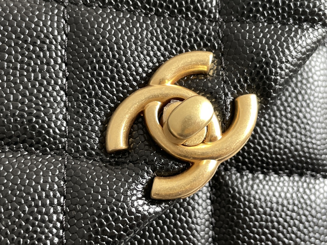 Classic Flap Mini Bag with Chain Handle in Black Quilted Grained Calfskin (Caviar) with Light Gold-Tone Hardware (Model AS5701) - Mocuir