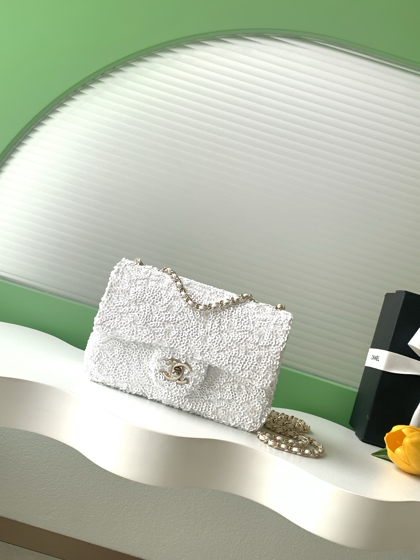 25B White Sequin Classic Flap (AS4561) in Quilted Sequins with Light Gold-Tone Hardware - Mocuir