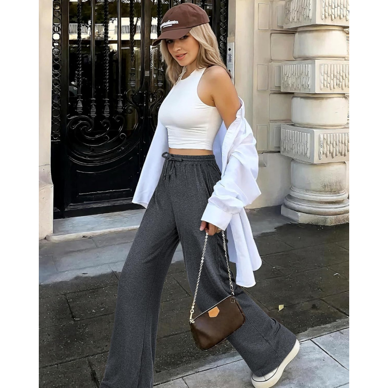 Women's Wide Leg Pants with Pockets Ribbed Knit
