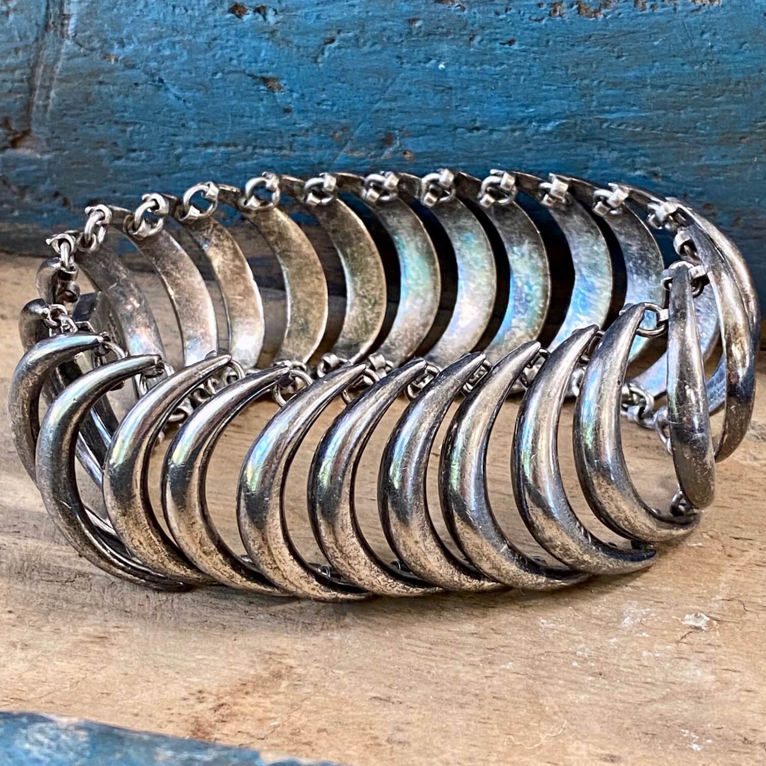 Old Mexican Sterling Silver Crescent Moon Panel Bracelet