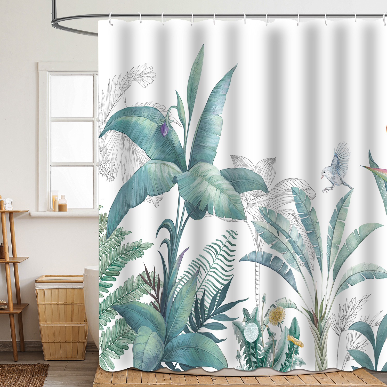 Shower curtain green plant leaf polyester 3d digital printing waterproof and mildew-proof shower bathroom partition