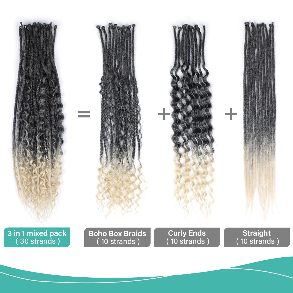 24 Inch 3 In 1 Dreadlock Extensions Sets, 30 Strands Mixed Ombre Gray Blonde Synthetic SE Dreads Extensions, 100% Handmade Soft Single Ended Curly Boho Wavy Dreads for Girls