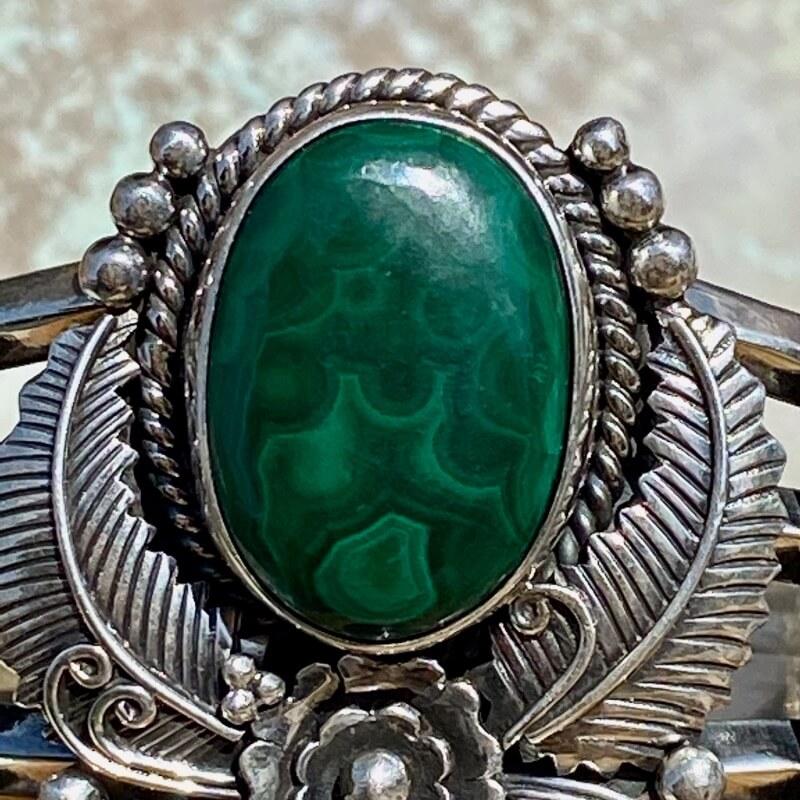 Double Green Malachite Signed Navajo Sterling Silver Bracelet