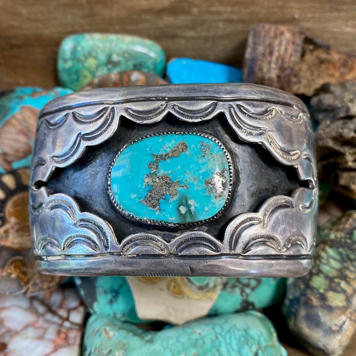 Navajo Turquoise Sterling Silver Shadowbox Bracelet Vintage