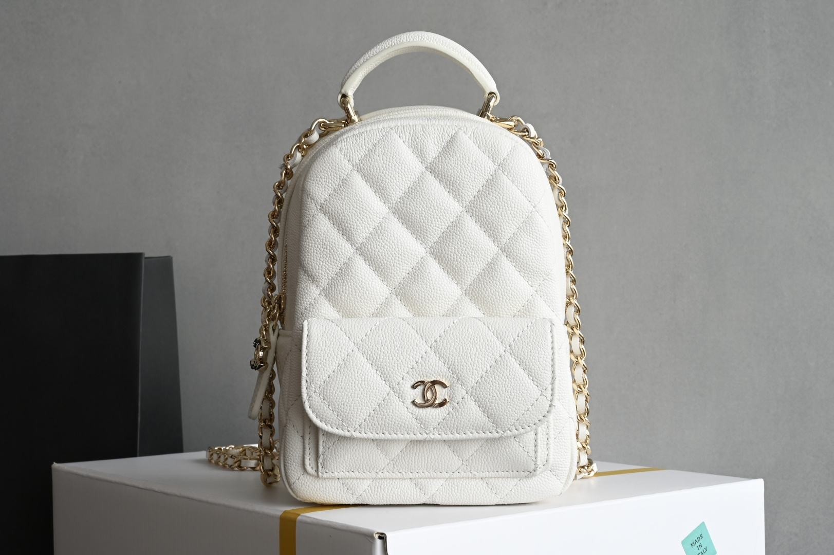 24C Mini Backpack in White Quilted Grained Calfskin (Caviar) with Light Gold-Tone Hardware (Model AP3753) - Mocuir