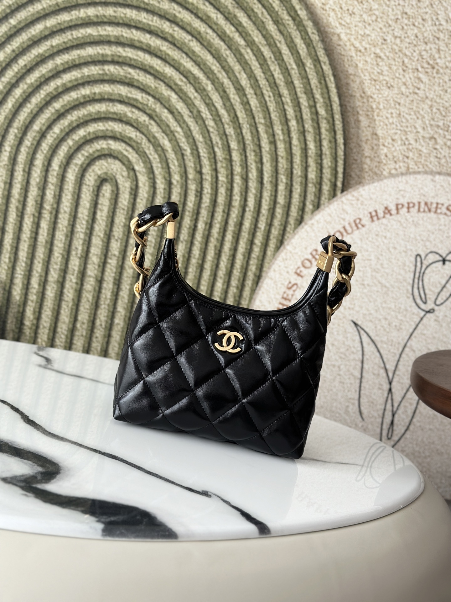 Black Shiny Calfskin Quilted Hobo Bag (Model AS4382) - Mocuir