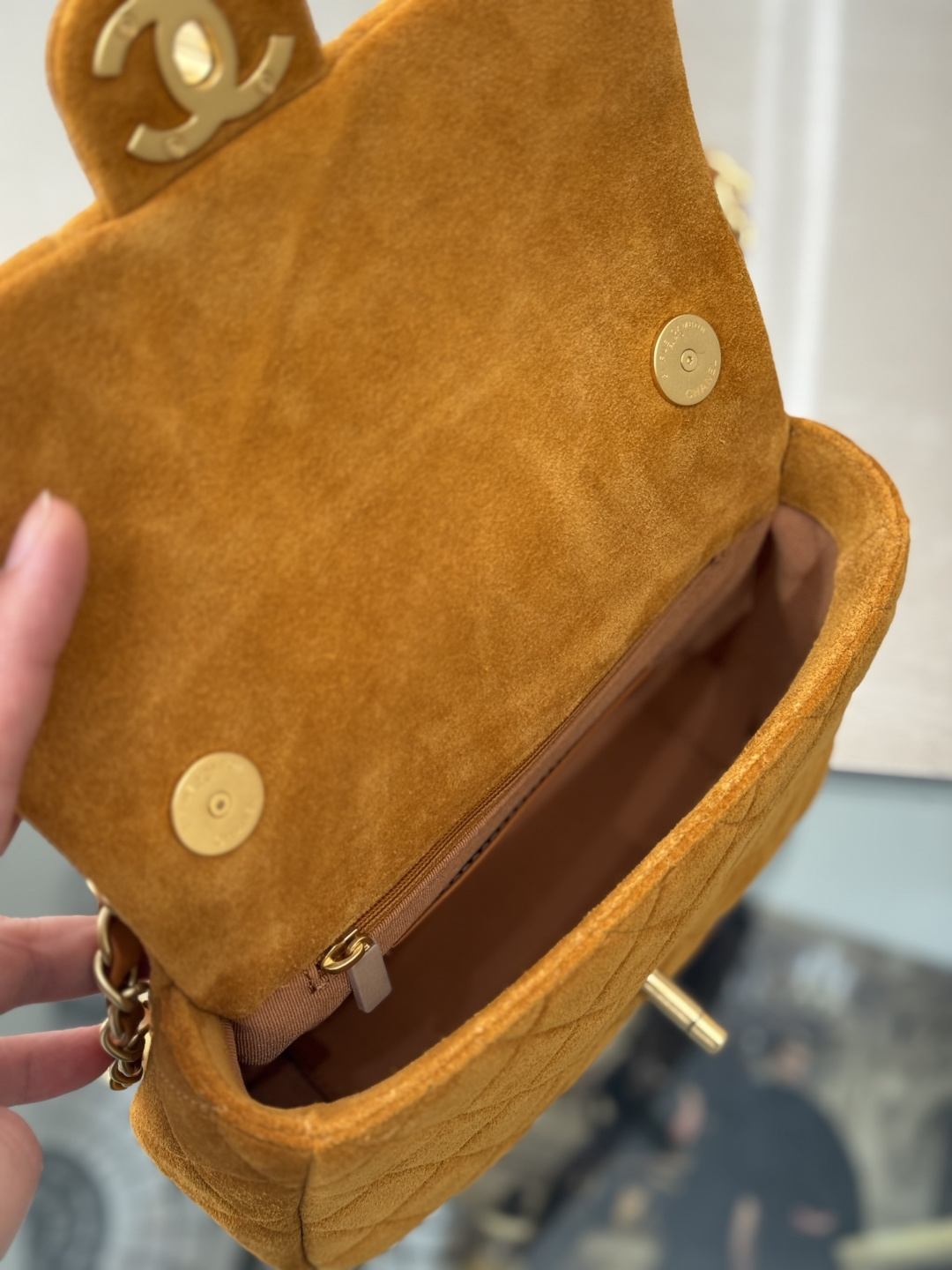 26C Cruise Mini Flap Bag in Caramel Mocha Suede Calfskin with Gold-Tone Hardware (Model AS5989) - Mocuir