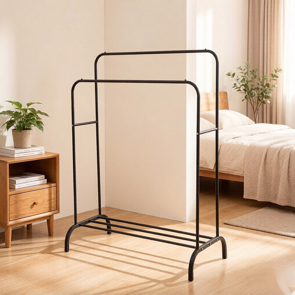 Double-pole clothes hanger balcony bedroom floor hanging clothes hanger dormitory small clothes, shoes and hats rack