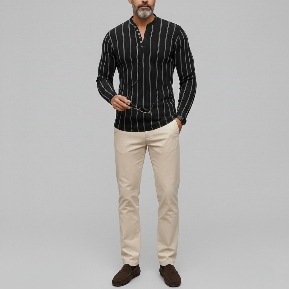 Men's Casual Black Striped Half Button Long Sleeve Henley Shirts