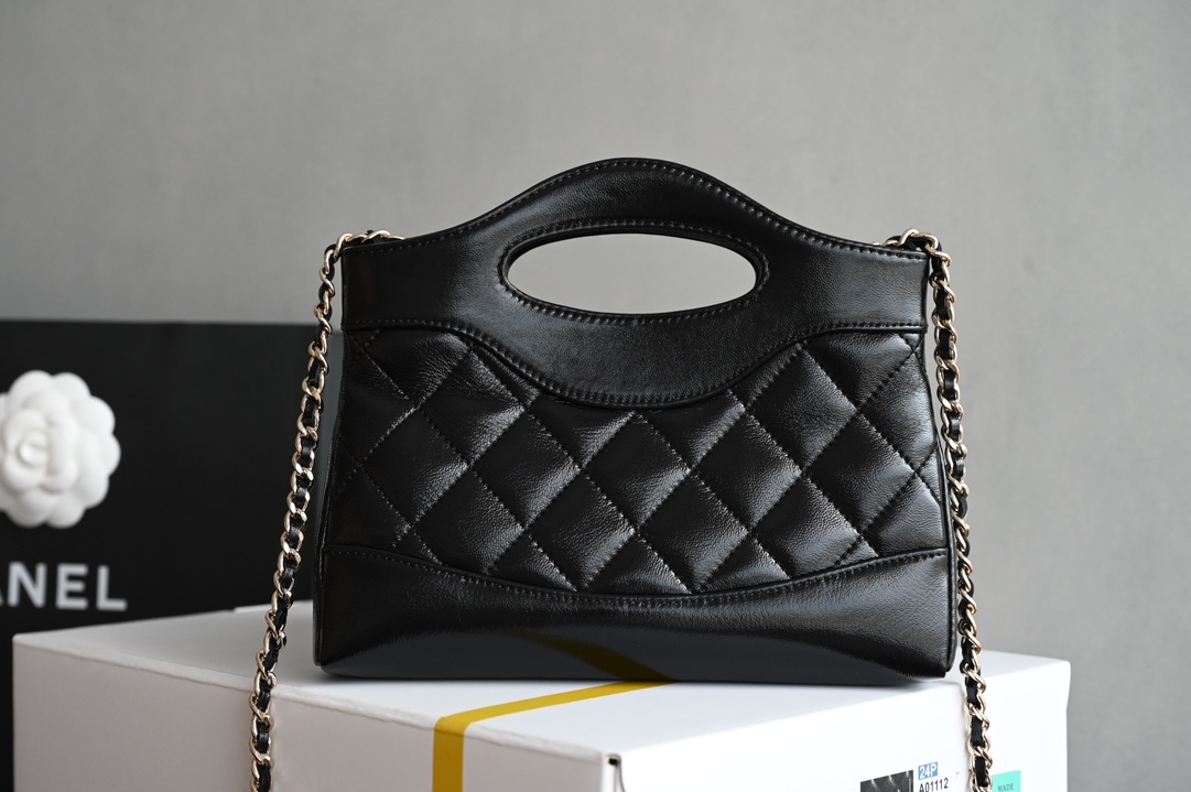 31 Nano Shopping Bag in Black Shiny Lambskin with Light Gold Hardware (Model AS4133) - Mocuir