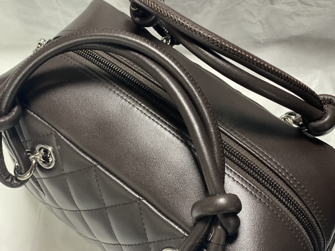 Cambon Mini Quilted Lambskin Boston Bag in Dark Brown (Silver Hardware) - Mocuir