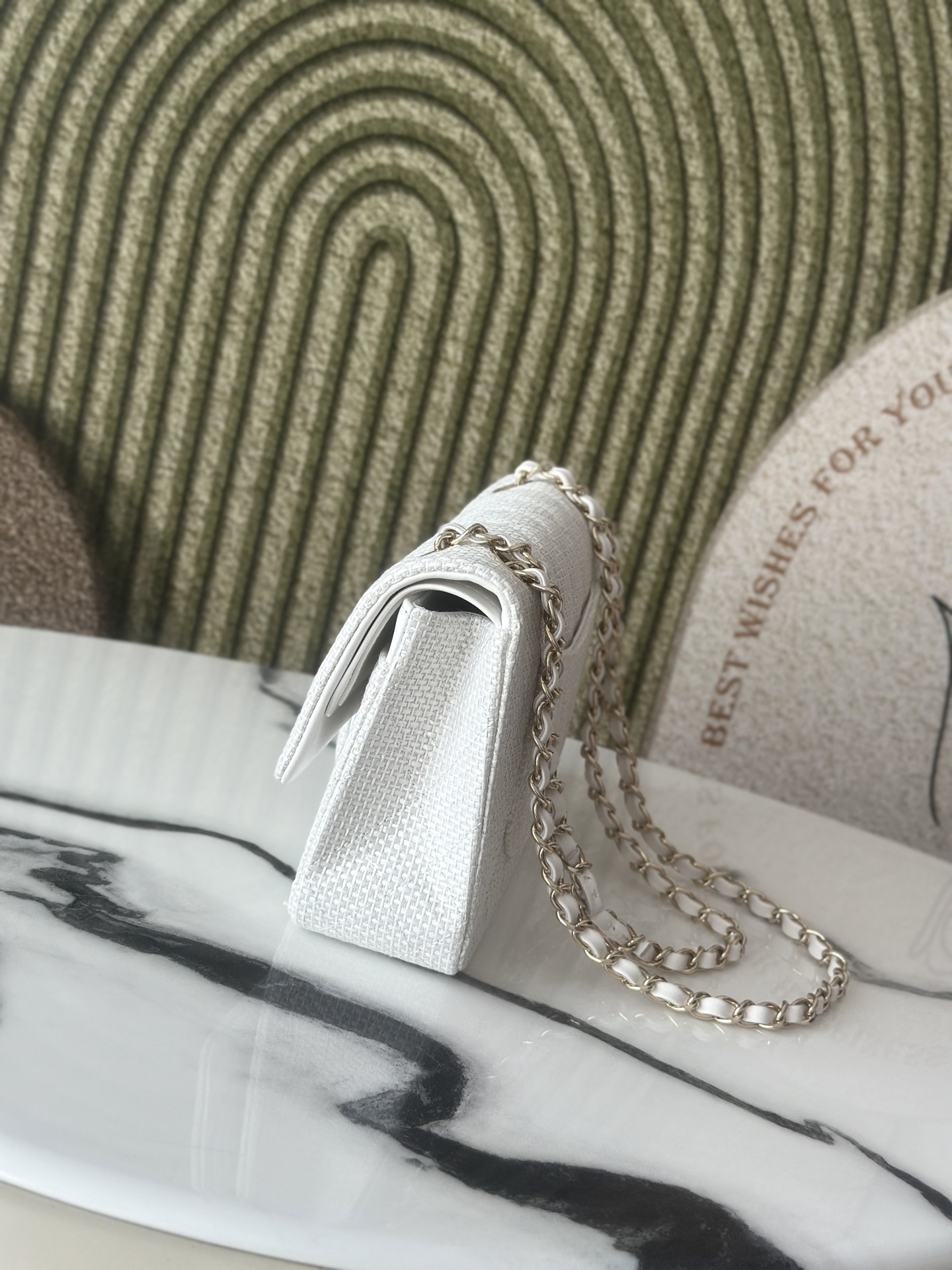 Classic Double Flap Bag in White Tweed with Light Gold Hardware (Model A01112  A69900) - Mocuir