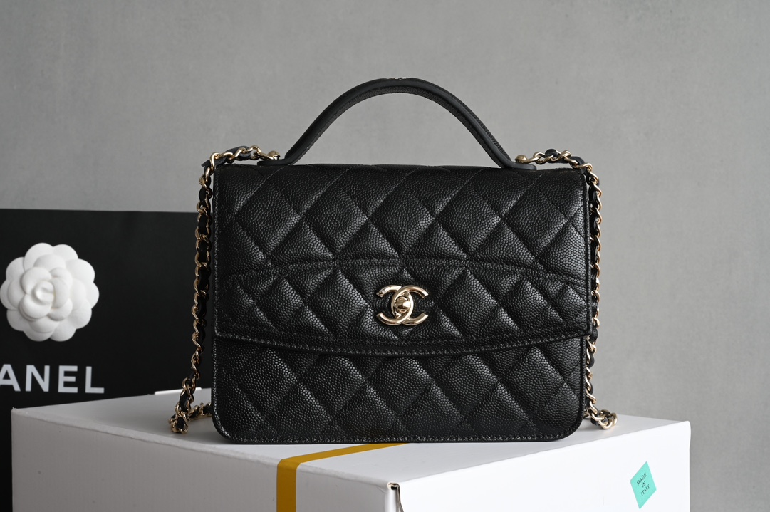 Classic Flap with Top Handle in Black Quilted Grained Calfskin (Caviar) with Light Gold-Tone Hardware - Mocuir