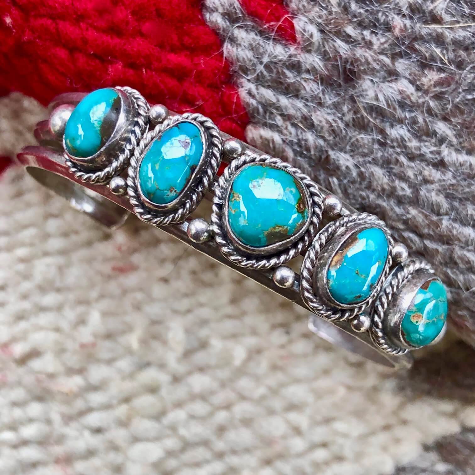 Vintage Navajo Turquoise Row Bracelet Sterling Silver