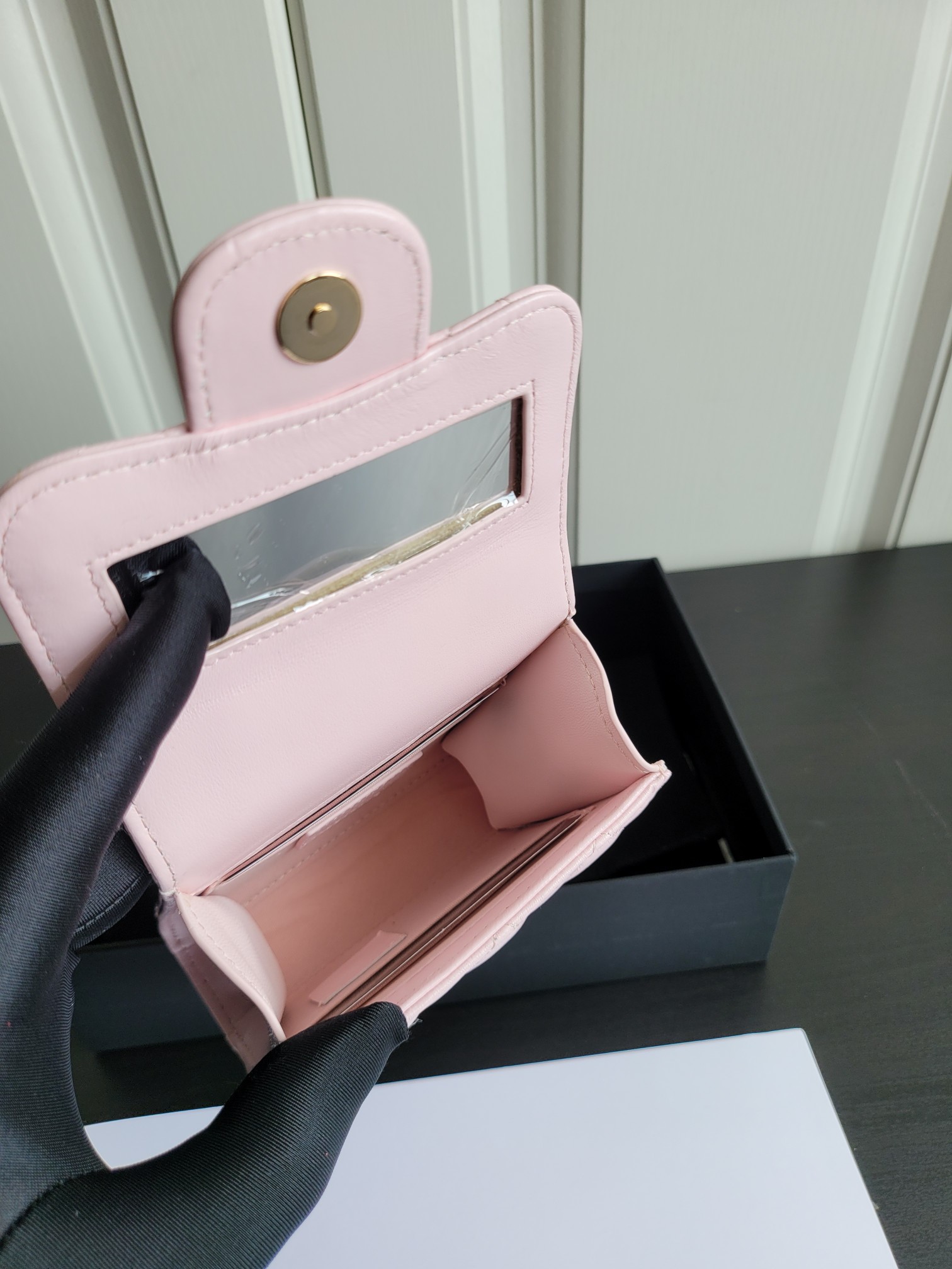 23P Mini Classic Flap Bag with Top Handle in Sakura Pink Quilted Smooth Lambskin with Light Gold-Tone Hardware - Mocuir