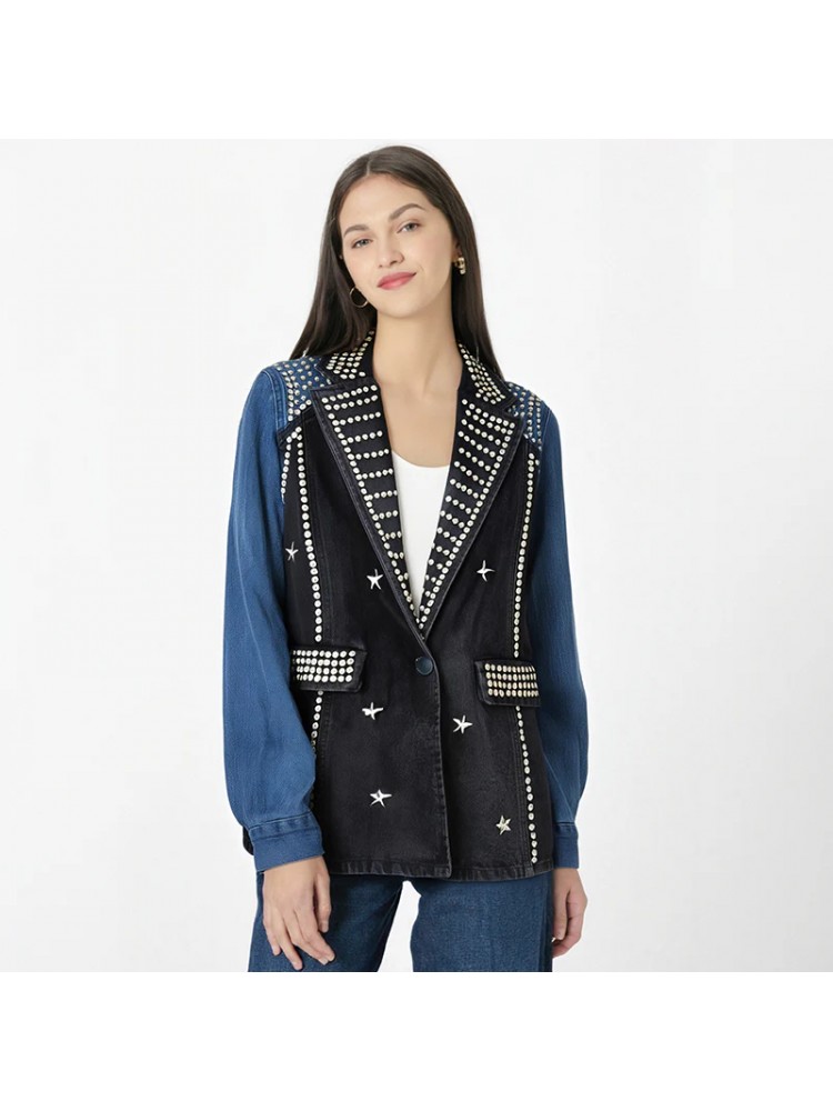Colorblock Beading Denim Notch Collar Jackets