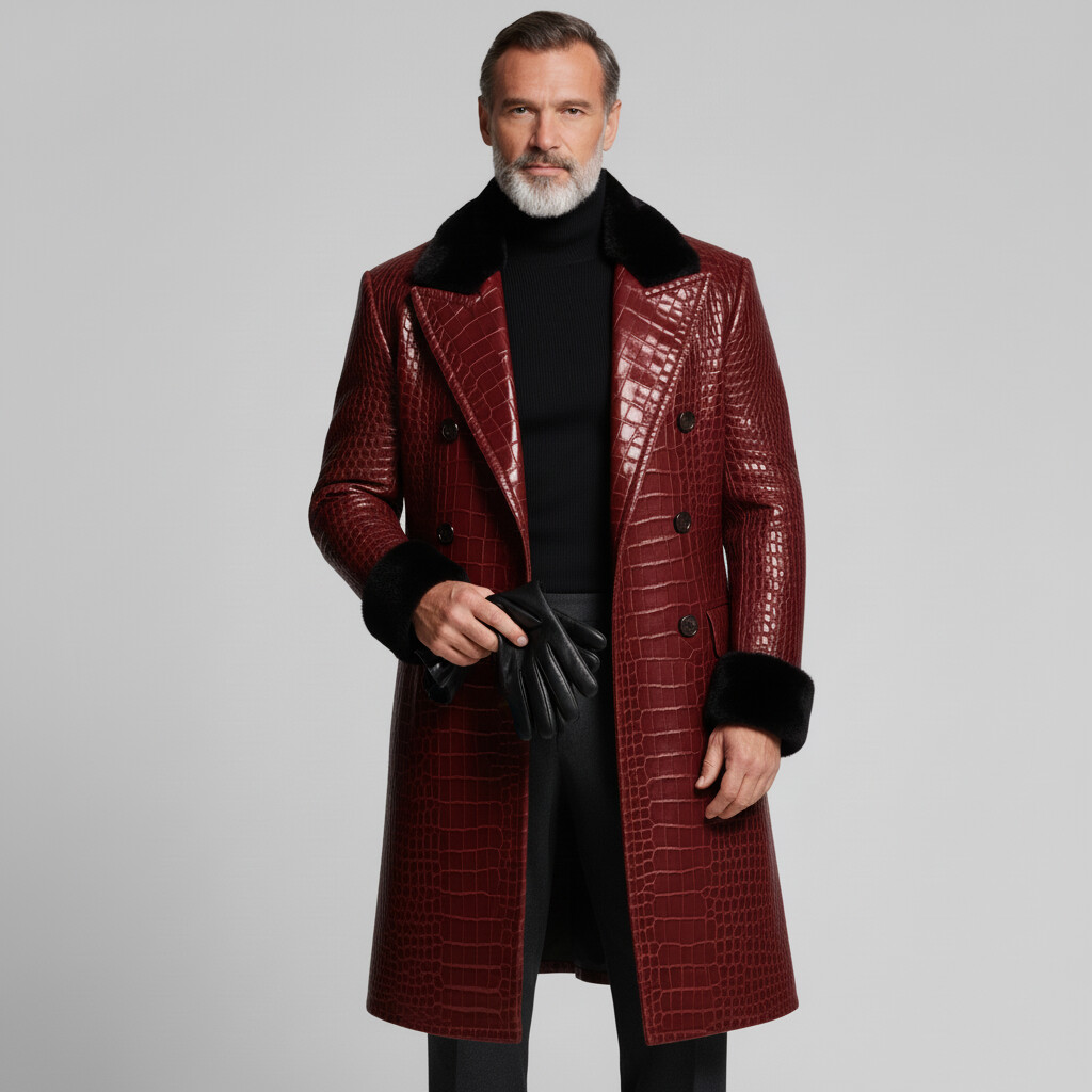 Men's Burgundy Crocodile PU Leather Plush Peak Lapel Double Breasted Long Sleeve Trench Coat