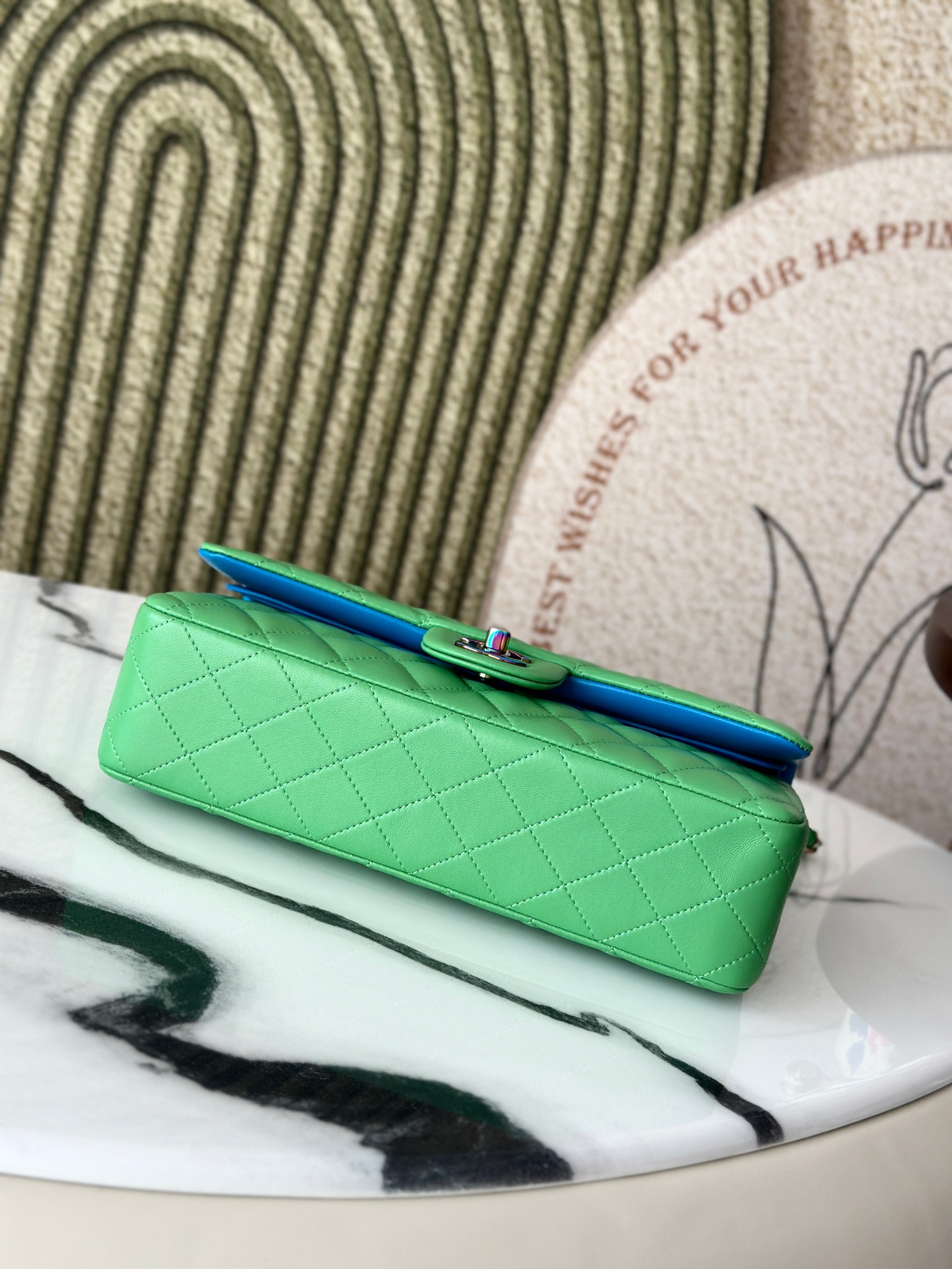 Classic Flap Medium Bag in Avocado Green Lambskin with Iridescent Rainbow Hardware (Model A01112) - Mocuir