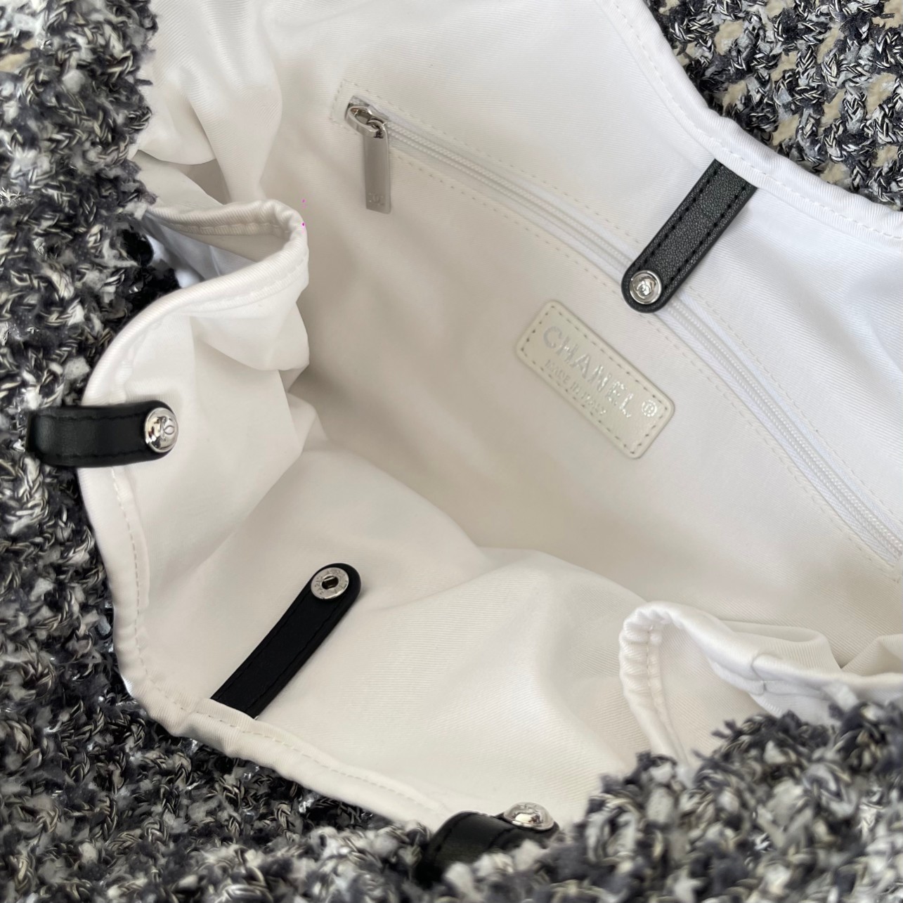 24C Black-Grey Knitted Mesh Tote Handbag with Attached Black Calfskin Mini Flap Bag and Silver-Tone Hardware - Mocuir