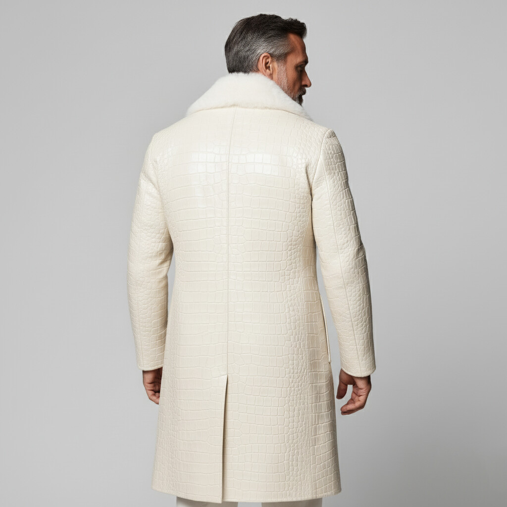 Men's Business Beige Fur Collar Long Sleeve Two Button Mid-Length Crocodile PU Leather Overcoat