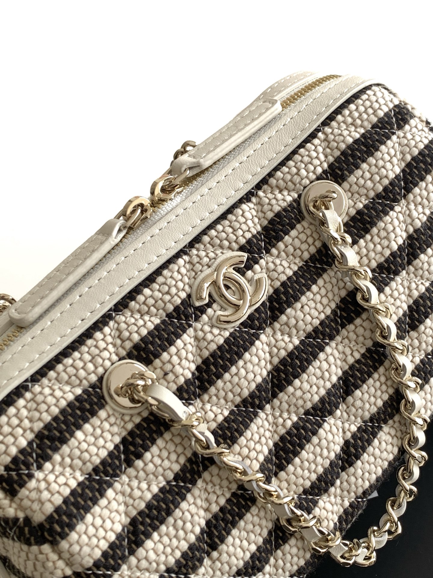 Deauville Striped Quilted Box Bag Vanity Case in Black with Light Gold-Tone Hardware - Mocuir