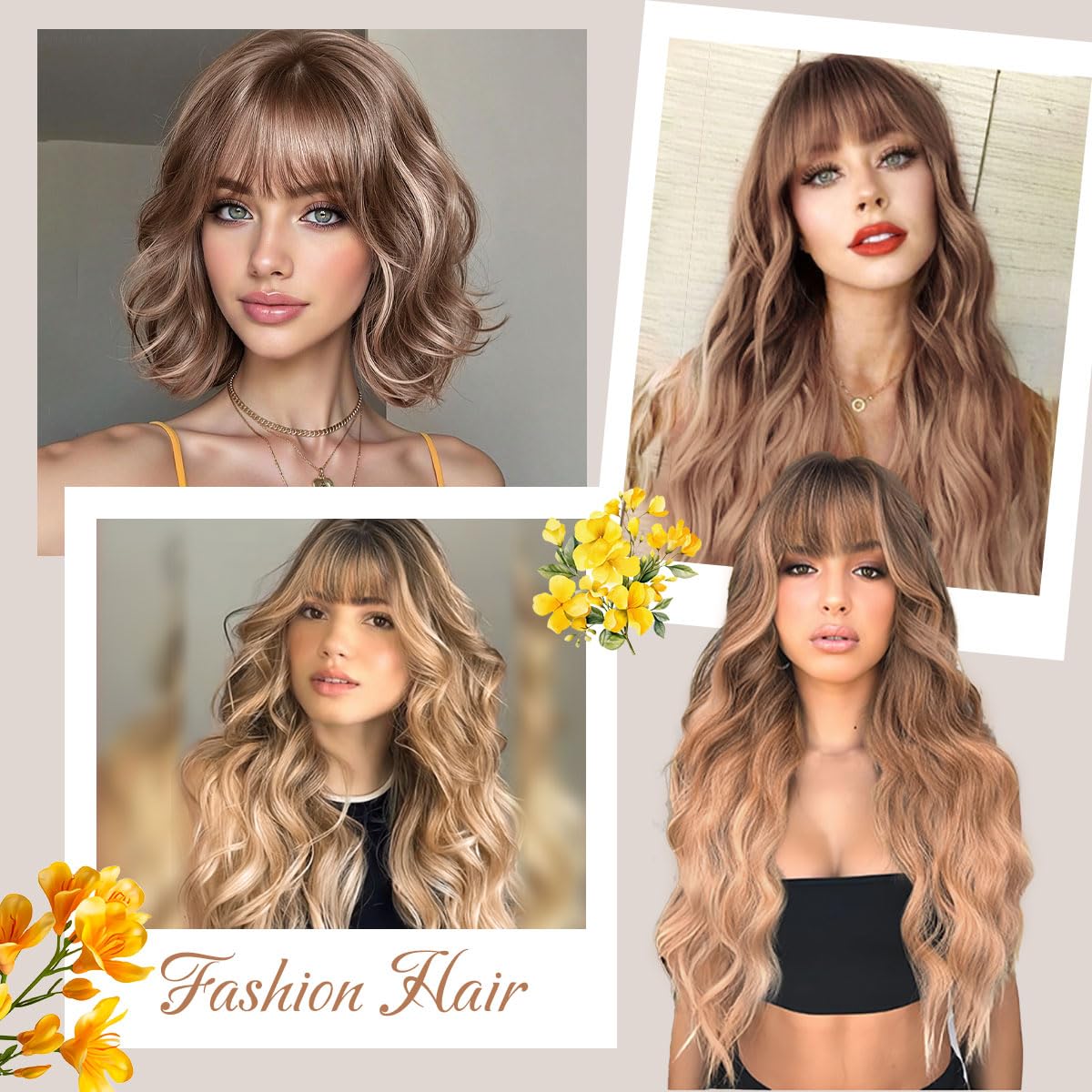 Dark Blonde Wig with Bangs 26 Inch Long Curly Wavy Wigs for Women Begineer-friendly Synthetic Wig for Daily Party Holiday Use
