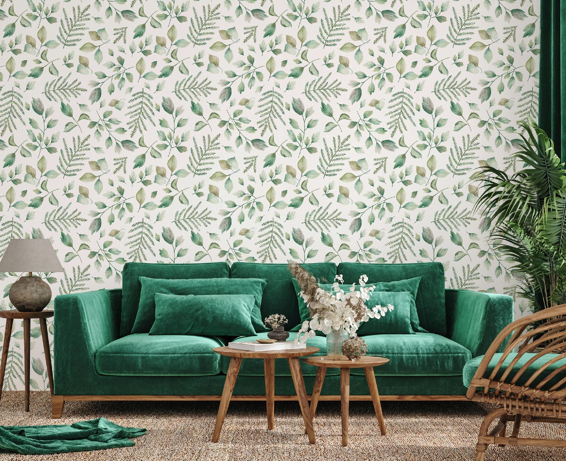 Green leaf wallpaper on non-woven fabric for living room, bedroom, and kitchen walls