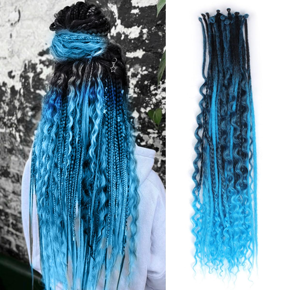 24 Inch 3 In 1 Dreadlock Extensions Sets, 30 Strands Mixed Ombre Blue Synthetic SE Dreads Extensions, 100% Handmade Soft Single Ended Curly Boho Wavy Dreads for Girls