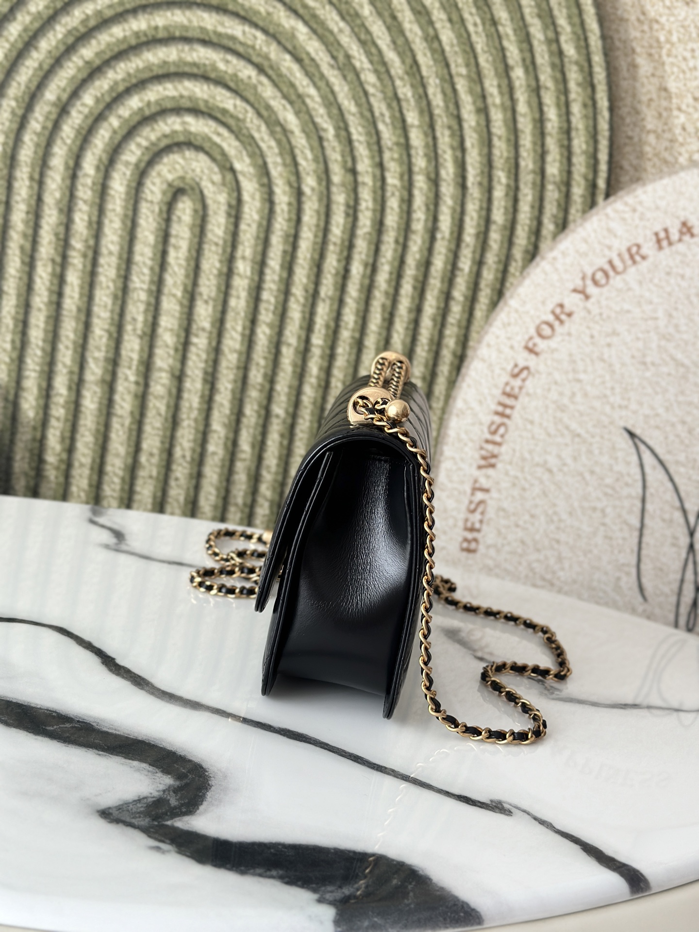 Small Flap Bag with Pearl Chain Detail in Black Shiny Calfskin with Gold-Tone Hardware - Mocuir