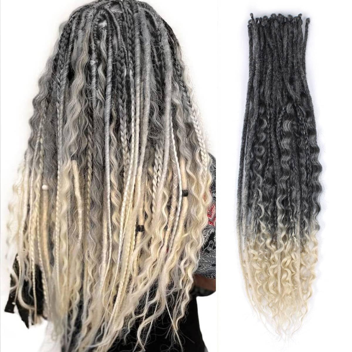 24 Inch 3 In 1 Dreadlock Extensions Sets, 30 Strands Mixed Ombre Gray Blonde Synthetic SE Dreads Extensions, 100% Handmade Soft Single Ended Curly Boho Wavy Dreads for Girls