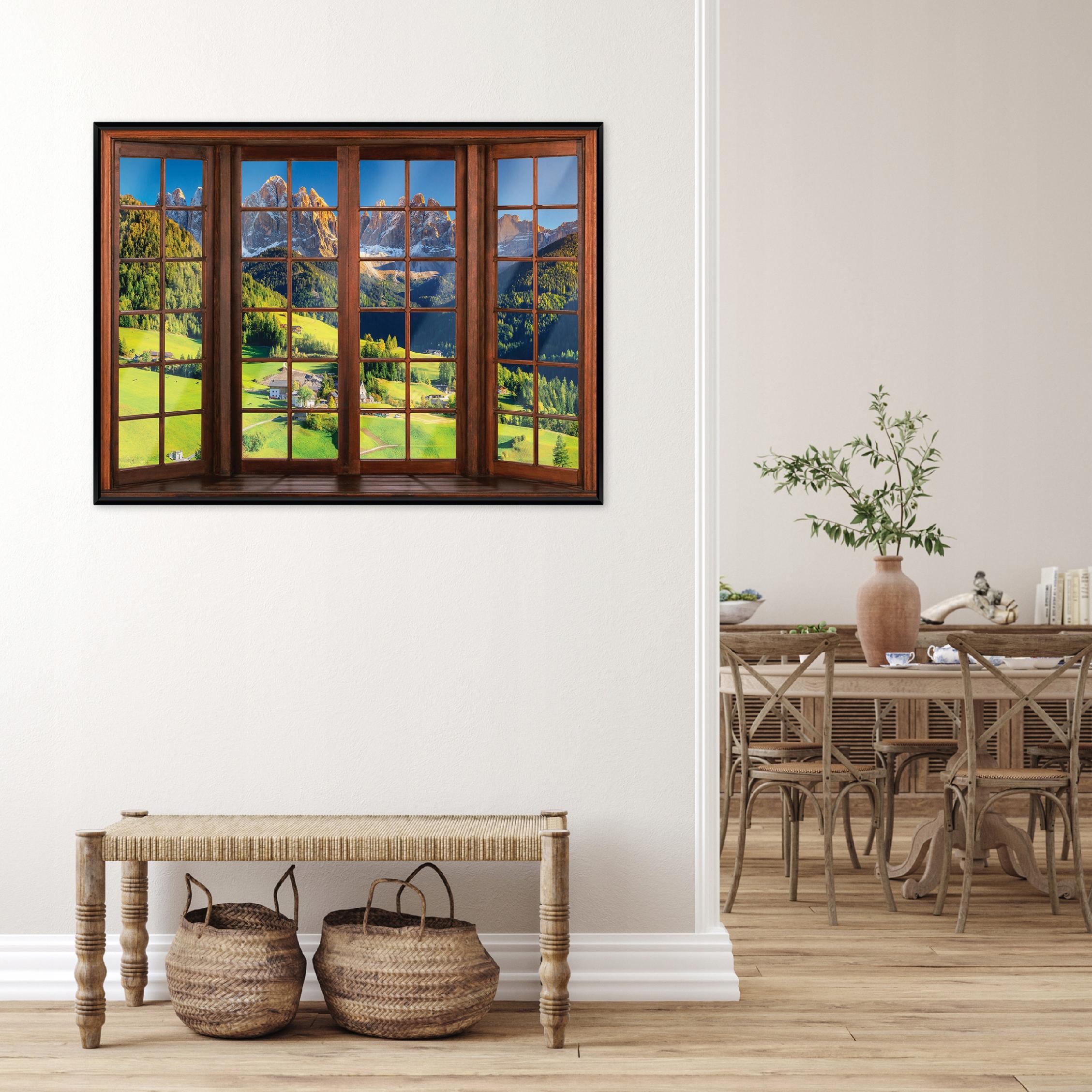 Black-framed canvas painting: 3D window, mountain scenery, living room, bedroom, 40x30