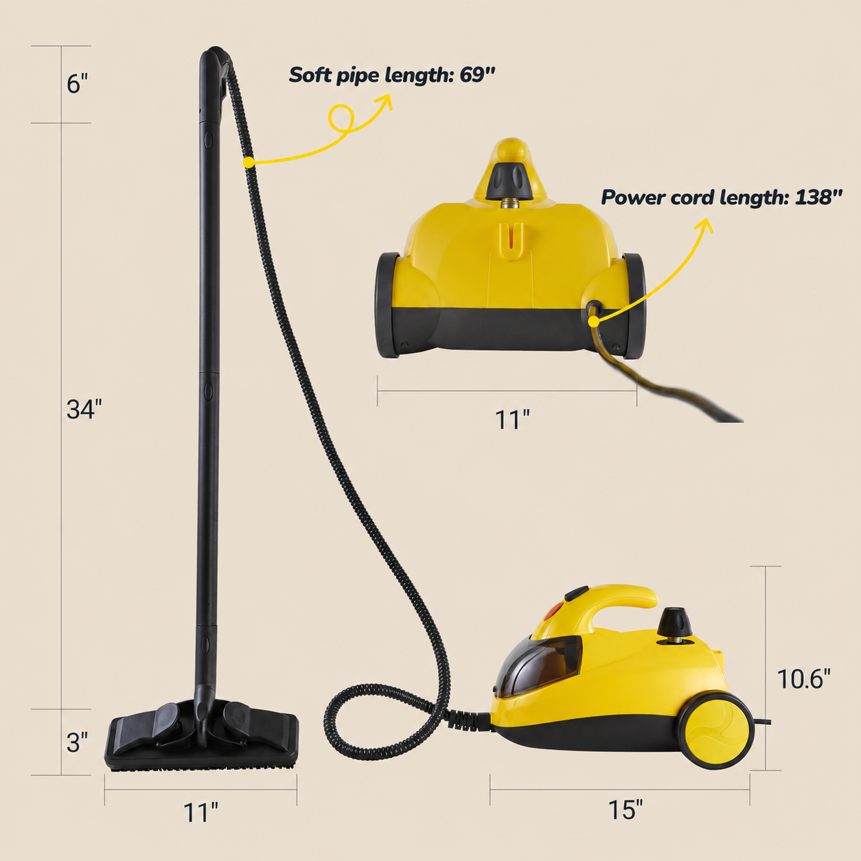 Steam cleaner size and hose length details
