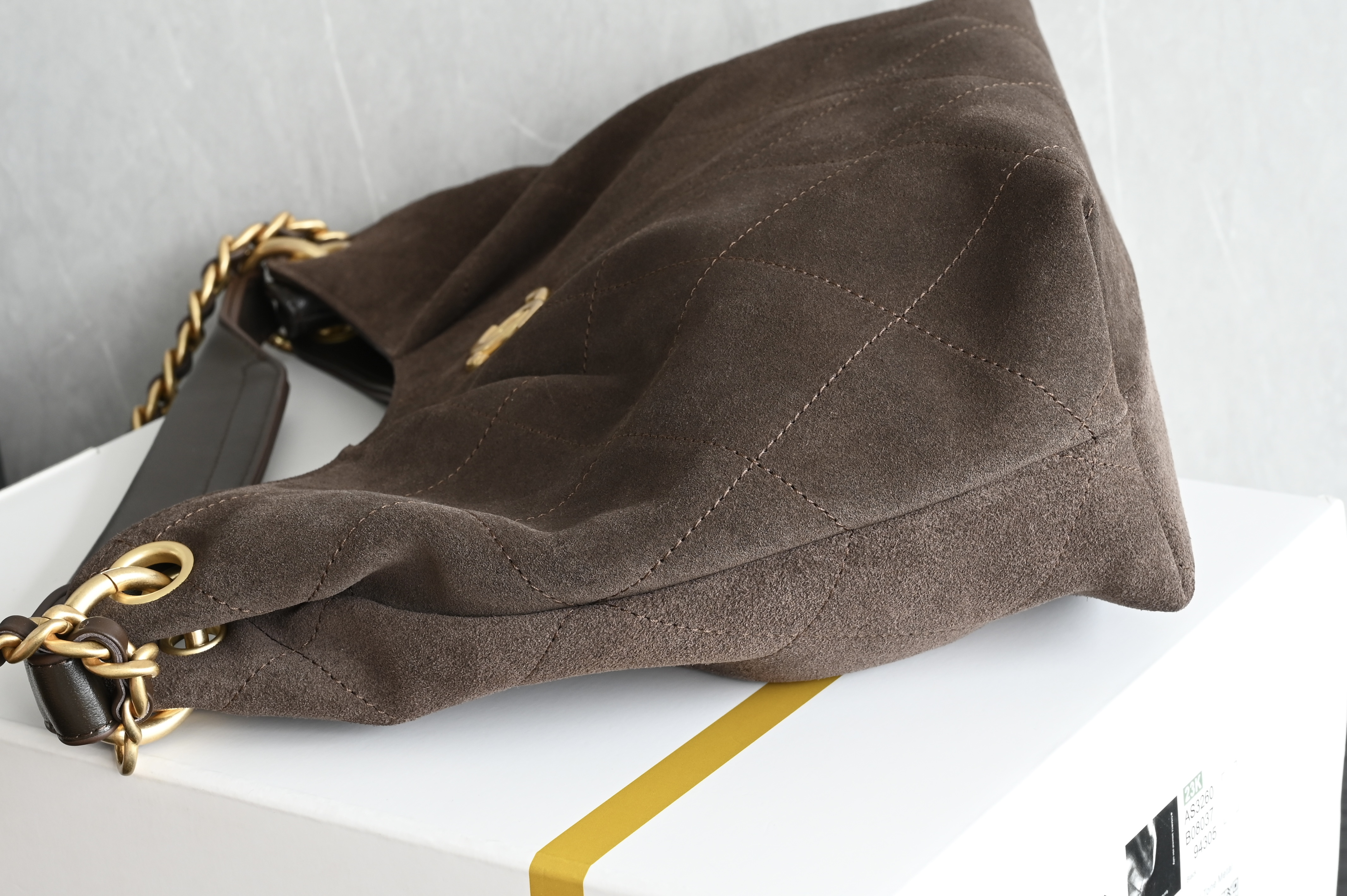 26C Hobo Shoulder Bag in Dark Brown Quilted Suede Calfskin with Light Gold-Tone Hardware - Mocuir