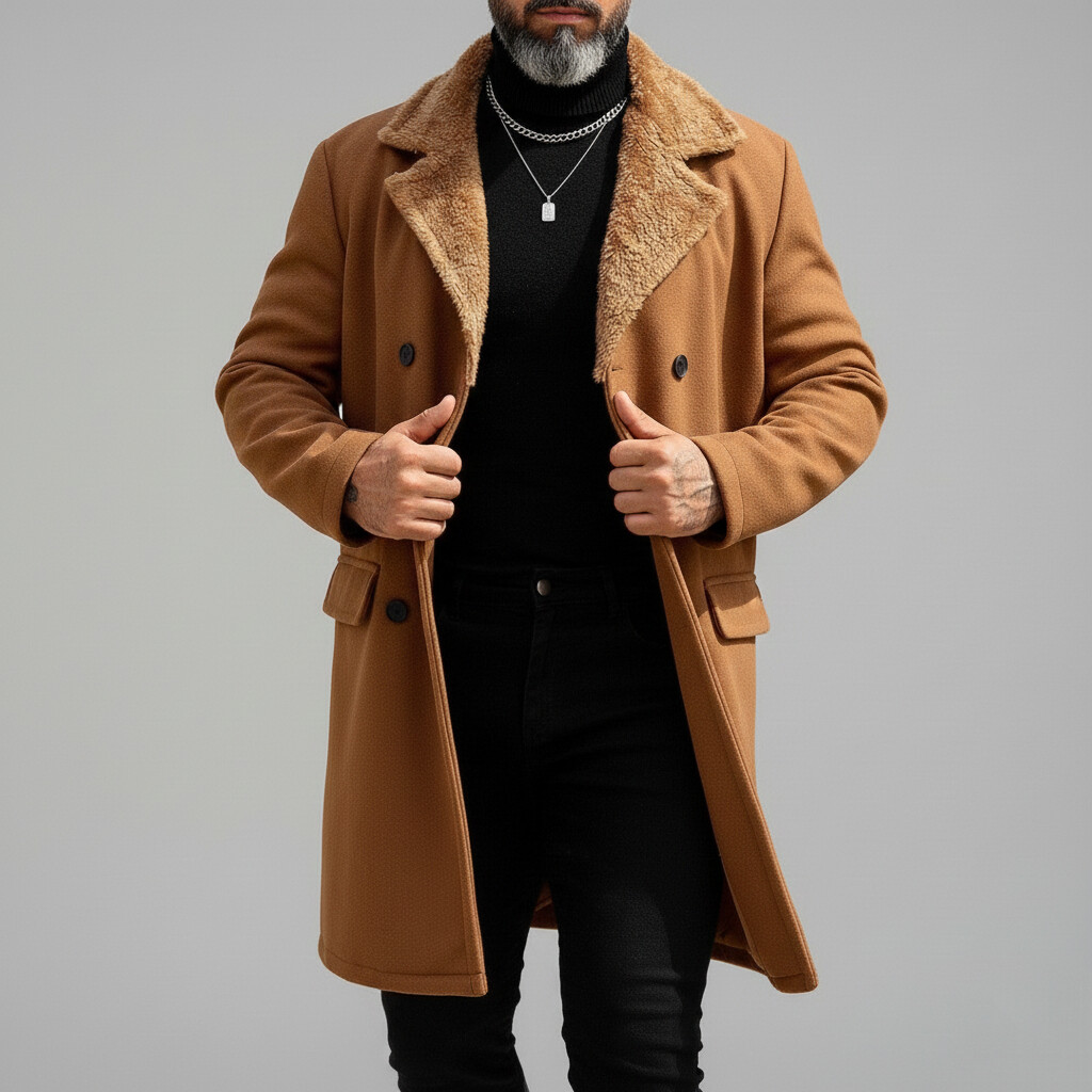 Men's Brown Fuzzy Notch Lapel Double Breasted Long Sleeve Sherpa-Lined Trench Coats
