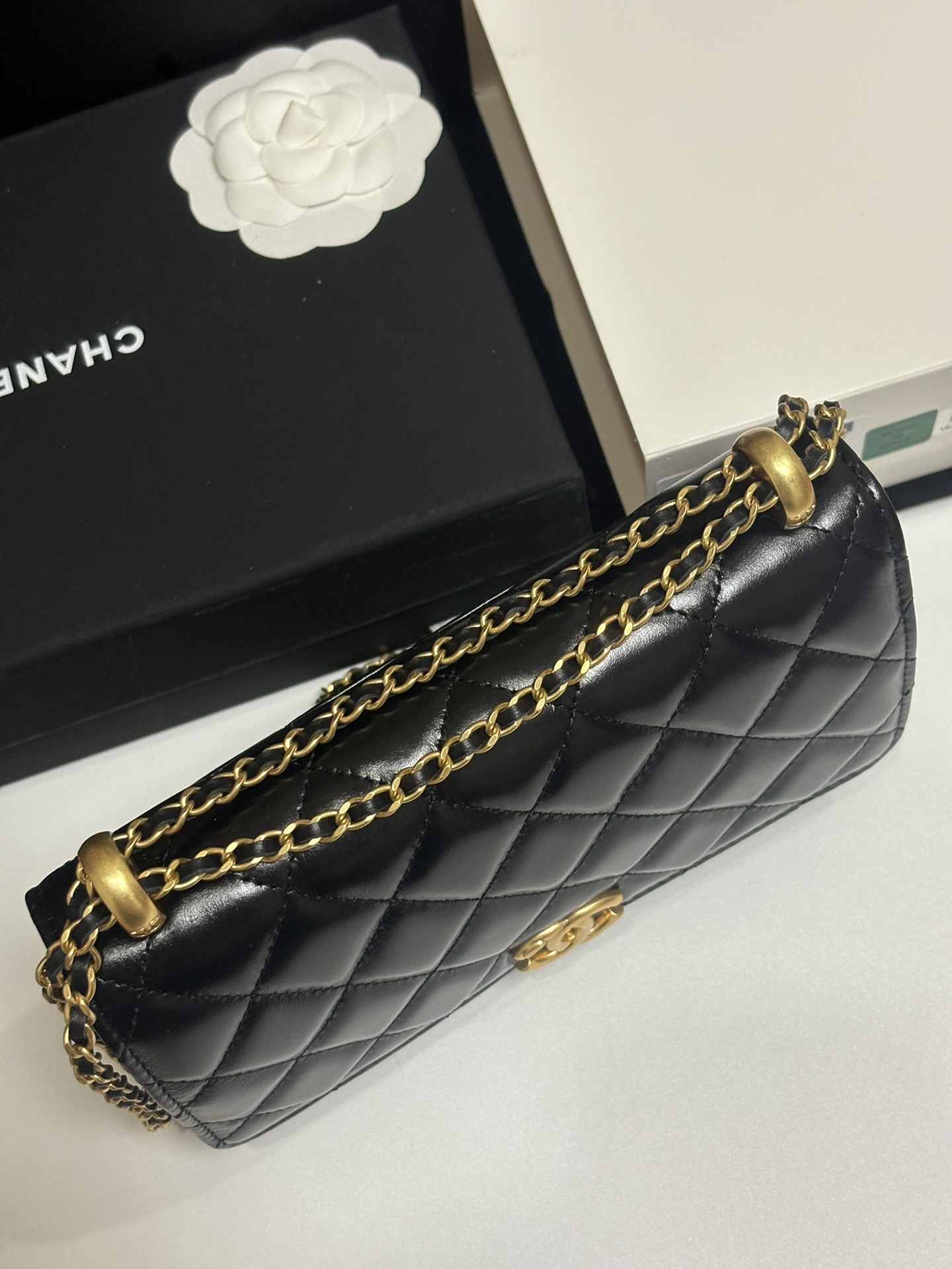 Classic Quilted Lambskin Wallet on Chain with Gold Ball in Black (Gold Hardware) - Mocuir