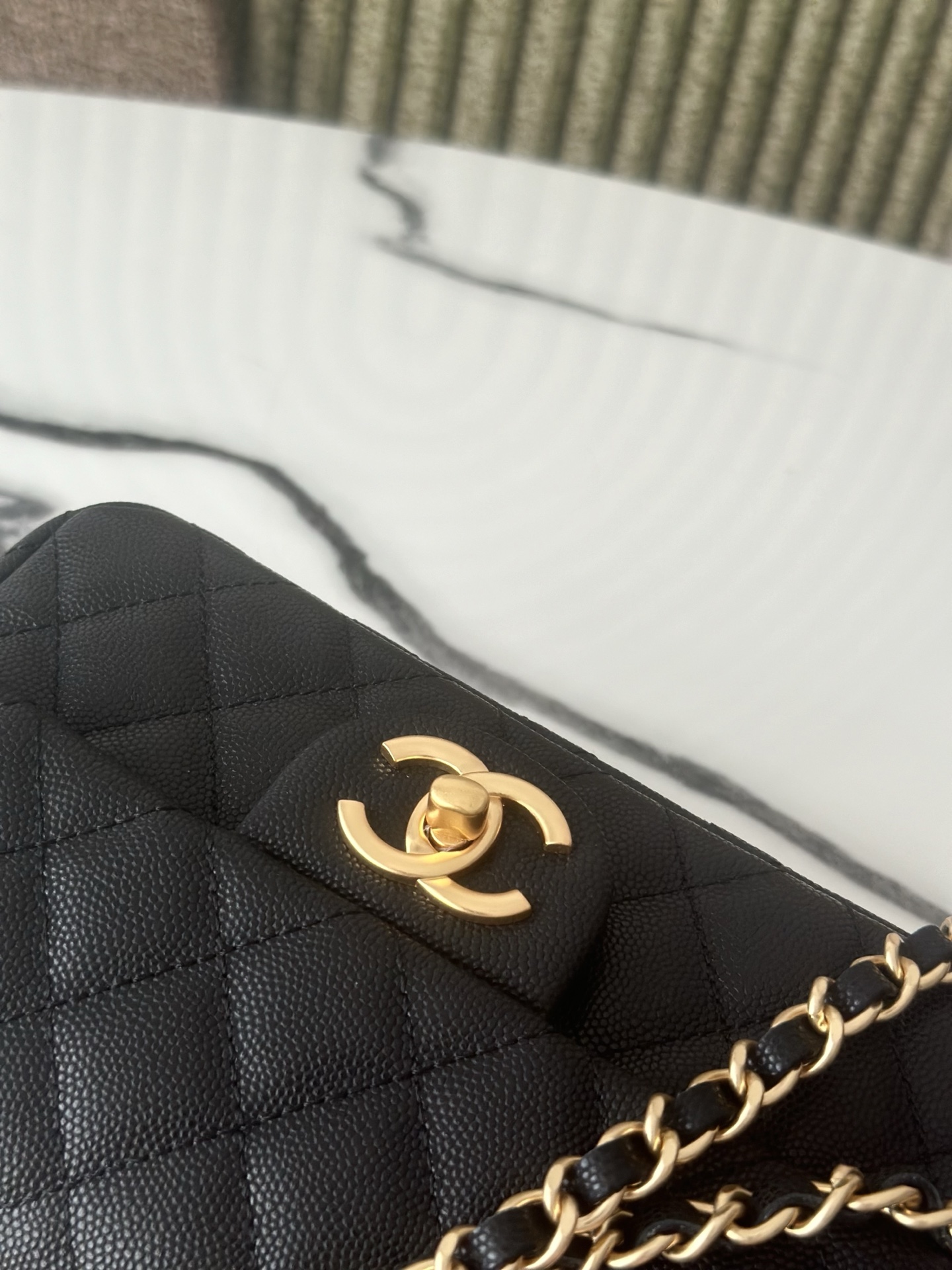 Classic Flap Mini with Top Handle in Black Quilted Caviar Leather with Gold-Tone Hardware - Mocuir