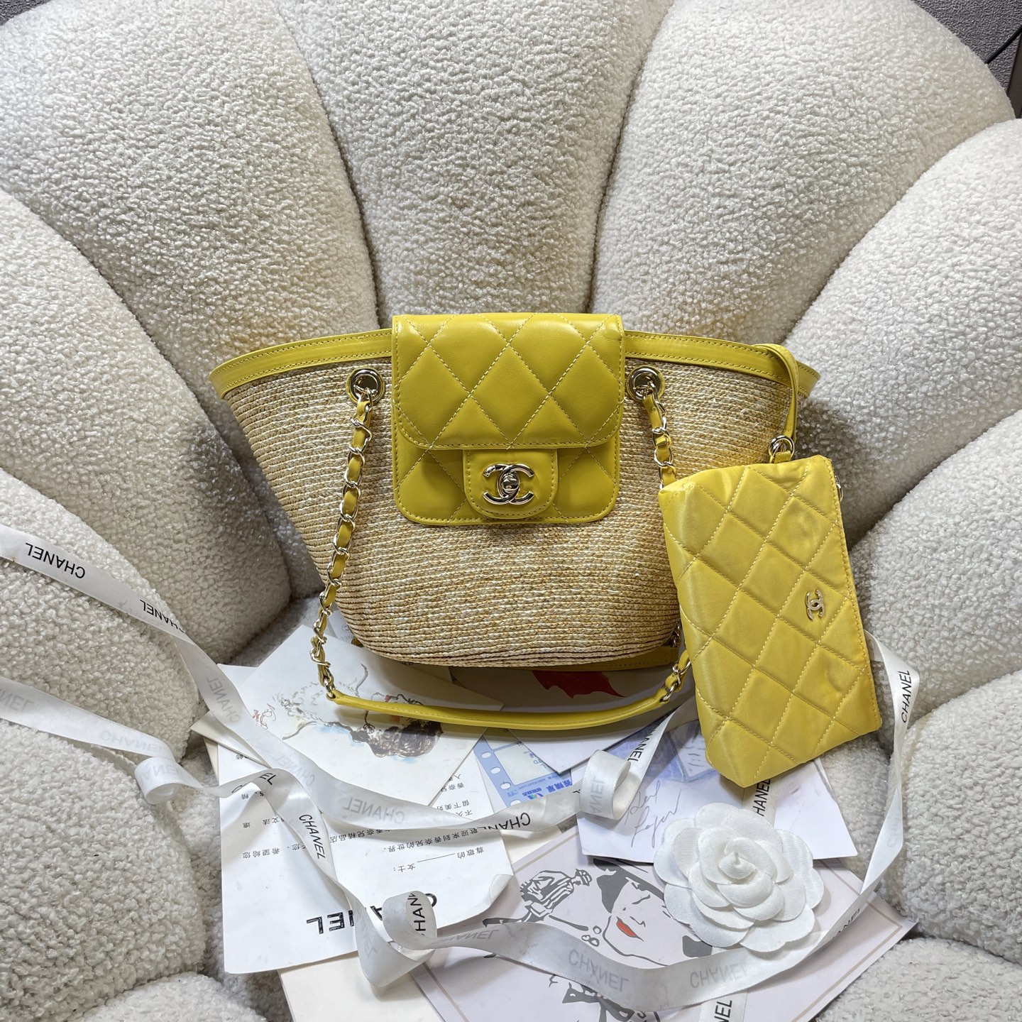 Straw and Lambskin Small Tote Bag with Pouch in Bright Yellow with Light Gold Hardware - Mocuir