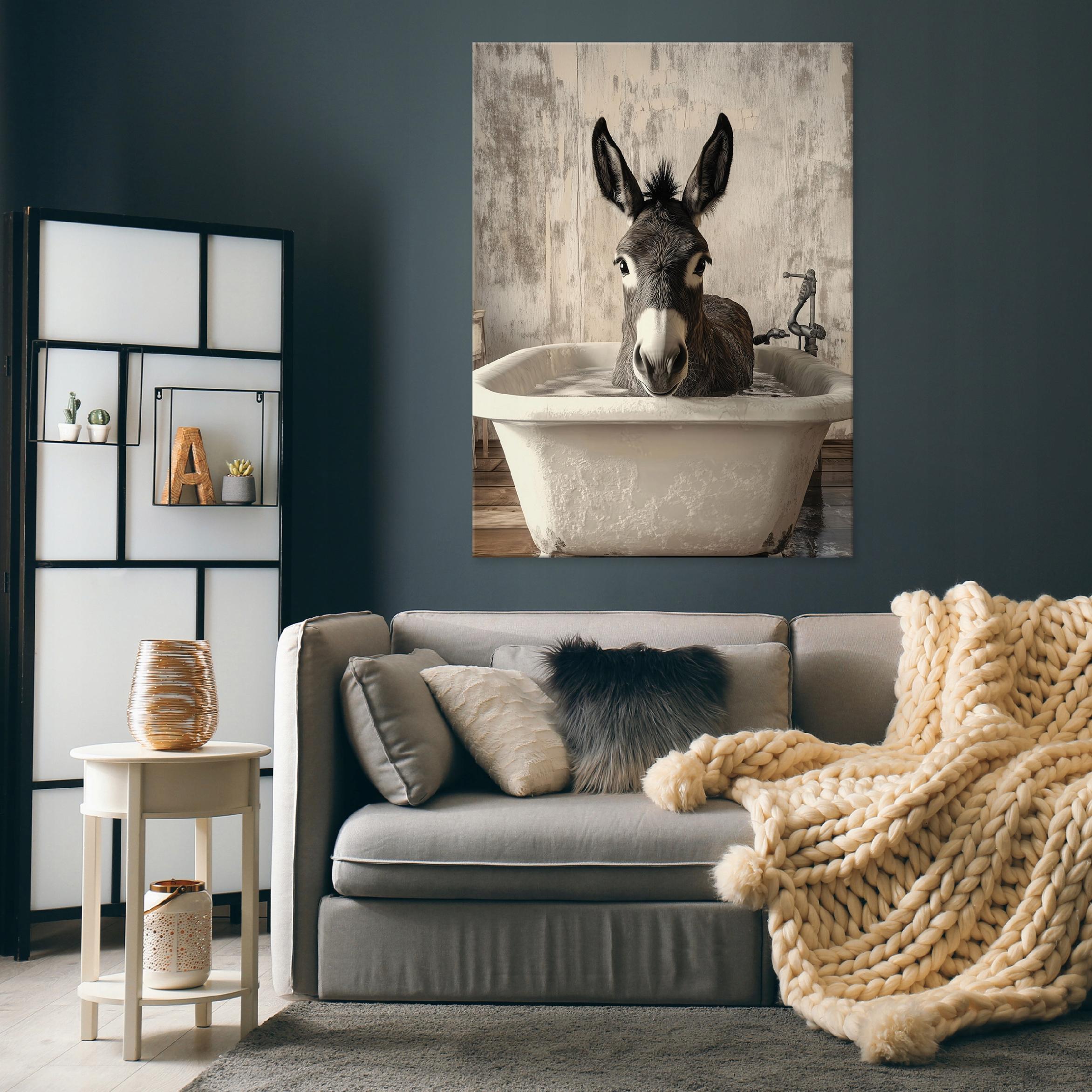 Image of a donkey in a bathtub, animals, vertical, for the bathroom, on canvas, wall, 40x30