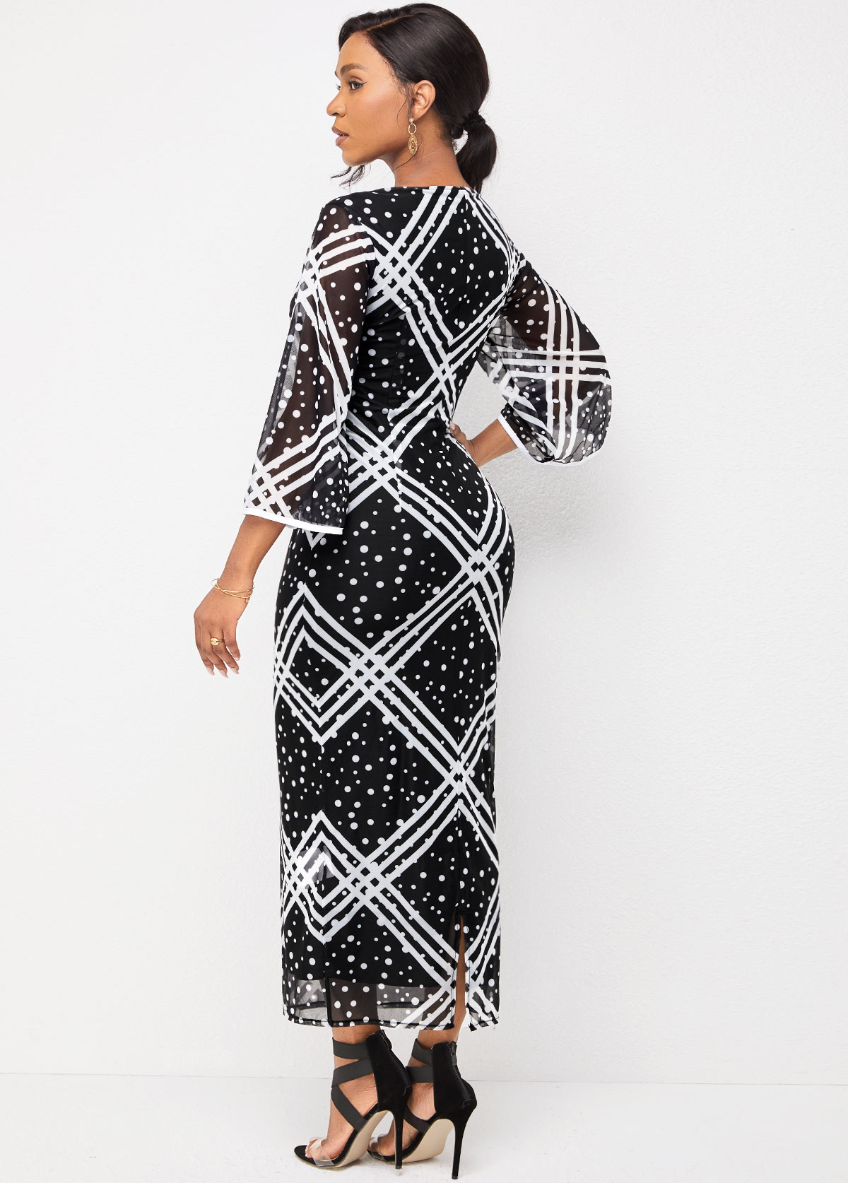 Flare Sleeve V Neck Striped and Polka Dot Dress